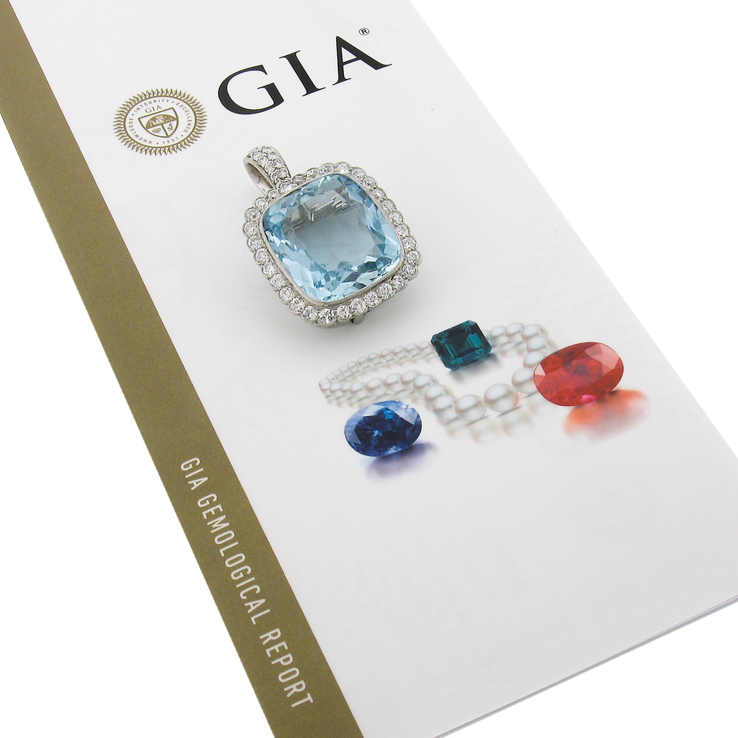 Platinum 38.9ctw GIA Cushion Cut Aquamarine Diamond Pin Brooch Enhancer Pendant For Sale 4