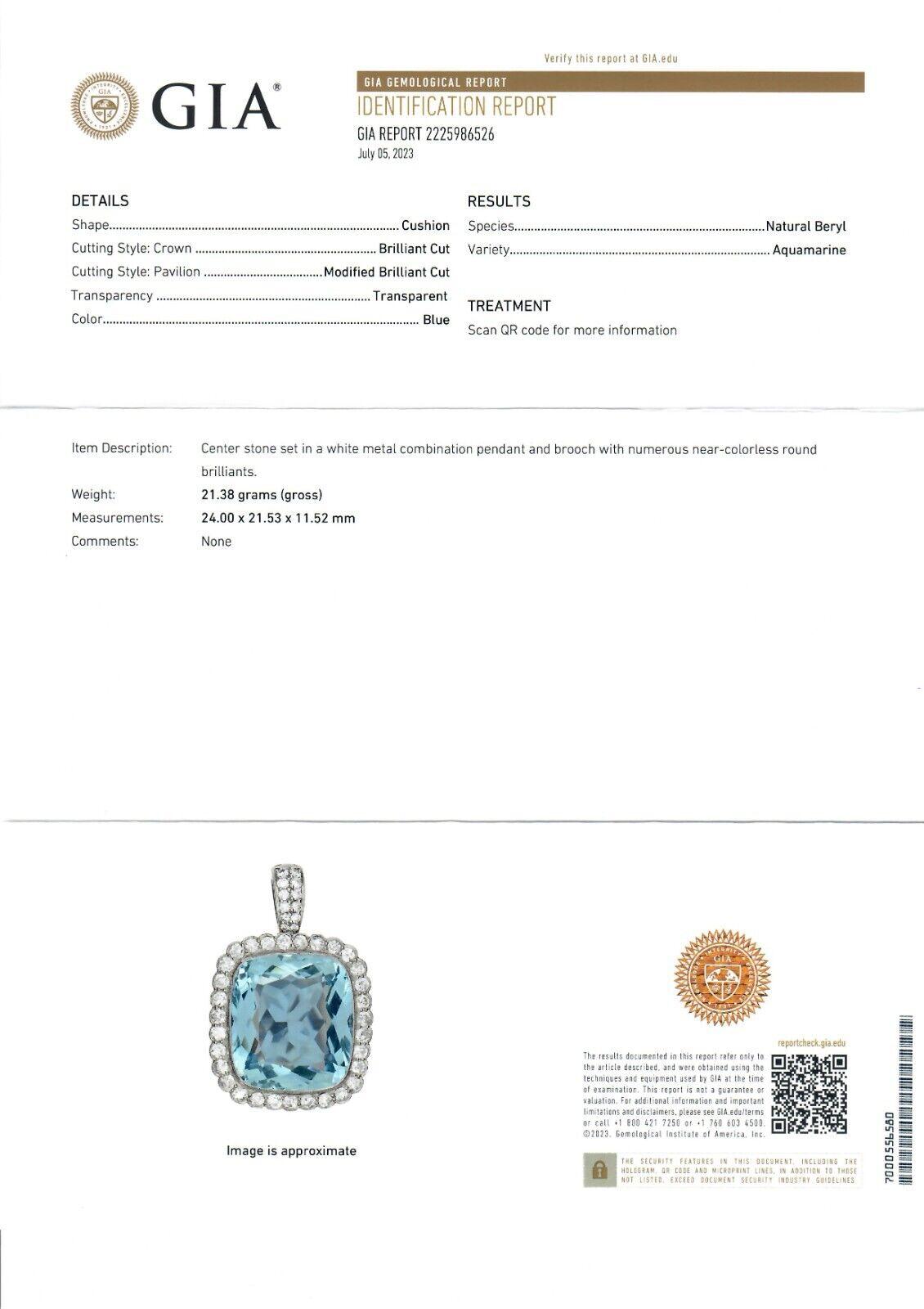 Platinum 38.9ctw GIA Cushion Cut Aquamarine Diamond Pin Brooch Enhancer Pendant For Sale 6