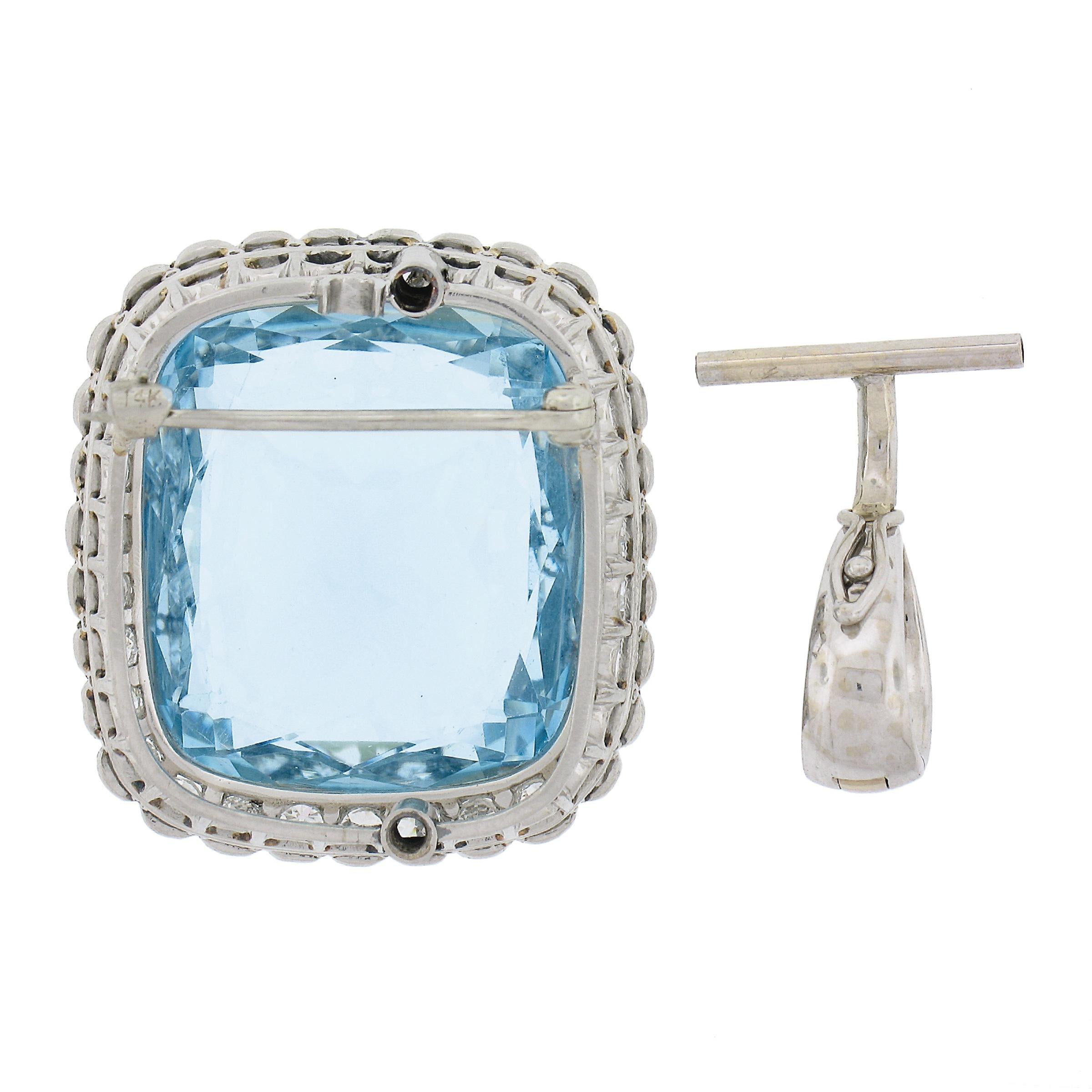 Platinum 38.9ctw GIA Cushion Cut Aquamarine Diamond Pin Brooch Enhancer Pendant In Excellent Condition For Sale In Montclair, NJ