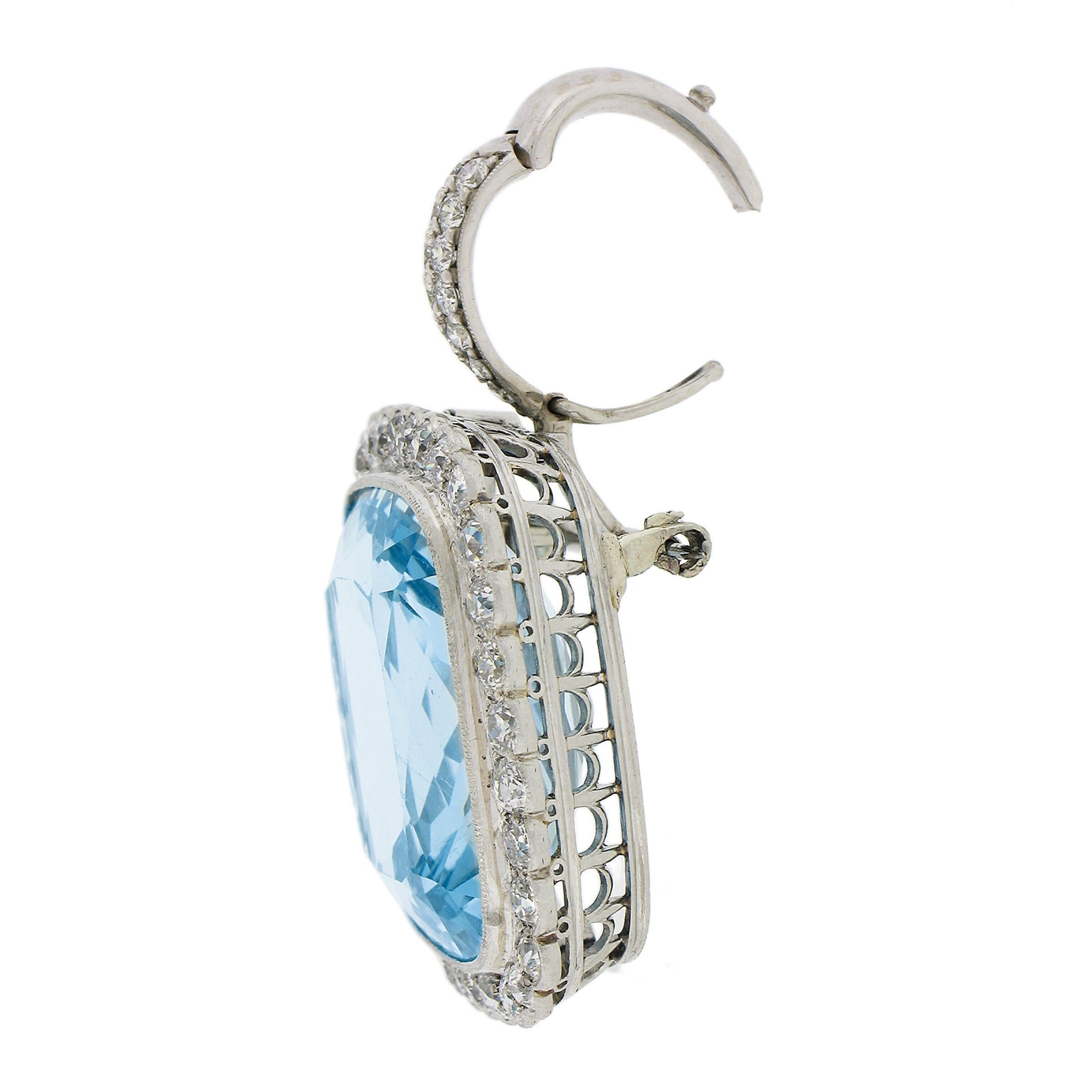 Women's Platinum 38.9ctw GIA Cushion Cut Aquamarine Diamond Pin Brooch Enhancer Pendant For Sale