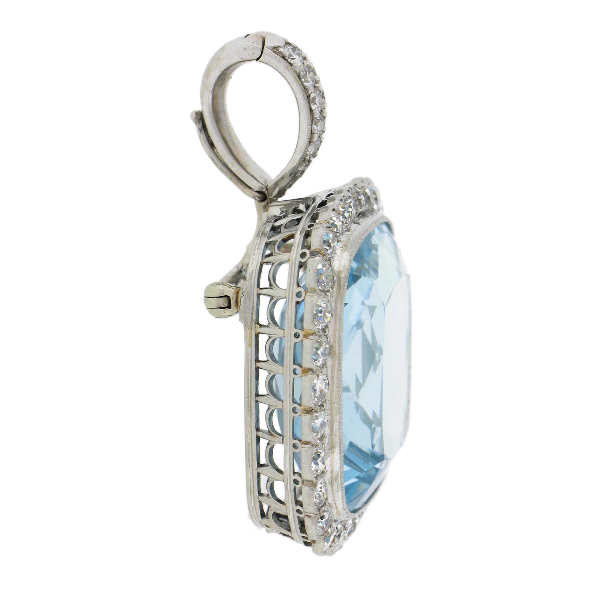 Platinum 38.9ctw GIA Cushion Cut Aquamarine Diamond Pin Brooch Enhancer Pendant For Sale 1