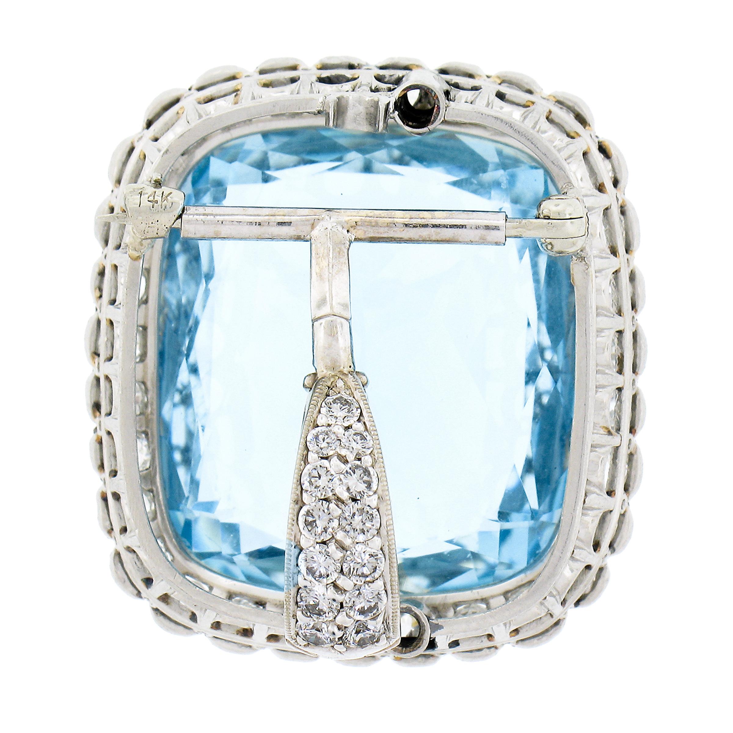 Platinum 38.9ctw GIA Cushion Cut Aquamarine Diamond Pin Brooch Enhancer Pendant For Sale 3
