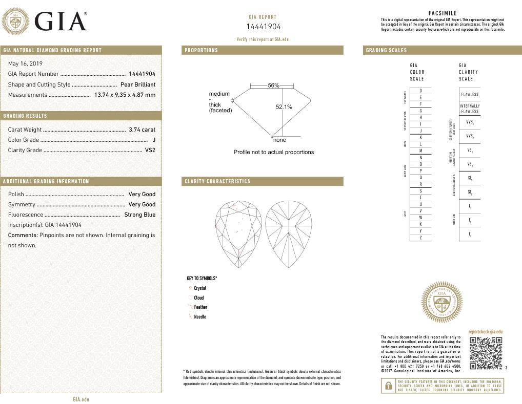 Item Details
Main Stone Shape Pear
Main Stone Weight 3.74ct
Main Stone Treatment Not Enhanced
Main Stone Clarity VS2
Natural/Lab-Created Natural
Main Stone Diamond
Main Stone Color J
Estimated Retail $39,980.00
Metal Platinum
Total Carat Weight