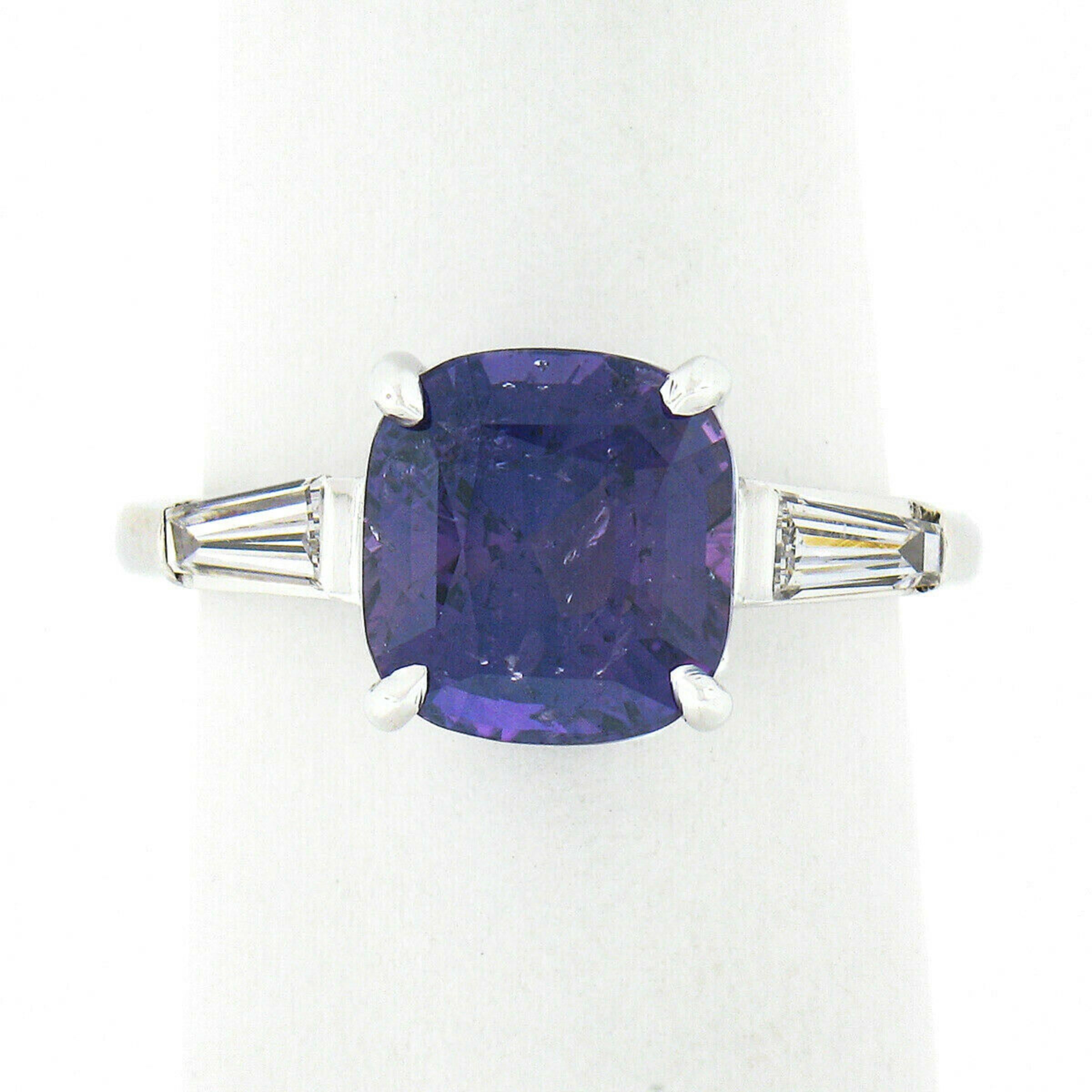 Cushion Cut Platinum 3.97ct GIA Ceylon No Heat Purple Sapphire w/ Diamond Engagement Ring For Sale