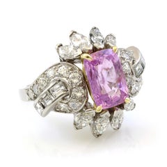 Platinum 4 Carat Pink Sapphire and Diamond Vintage Cocktail Ring