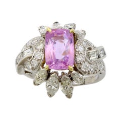 Platinum 4 Carat Pink Sapphire and Diamond Vintage Cocktail Ring