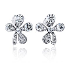 Platinum 4 Leaf Clover Style 8.67cts Old Euro Diamond Earrings