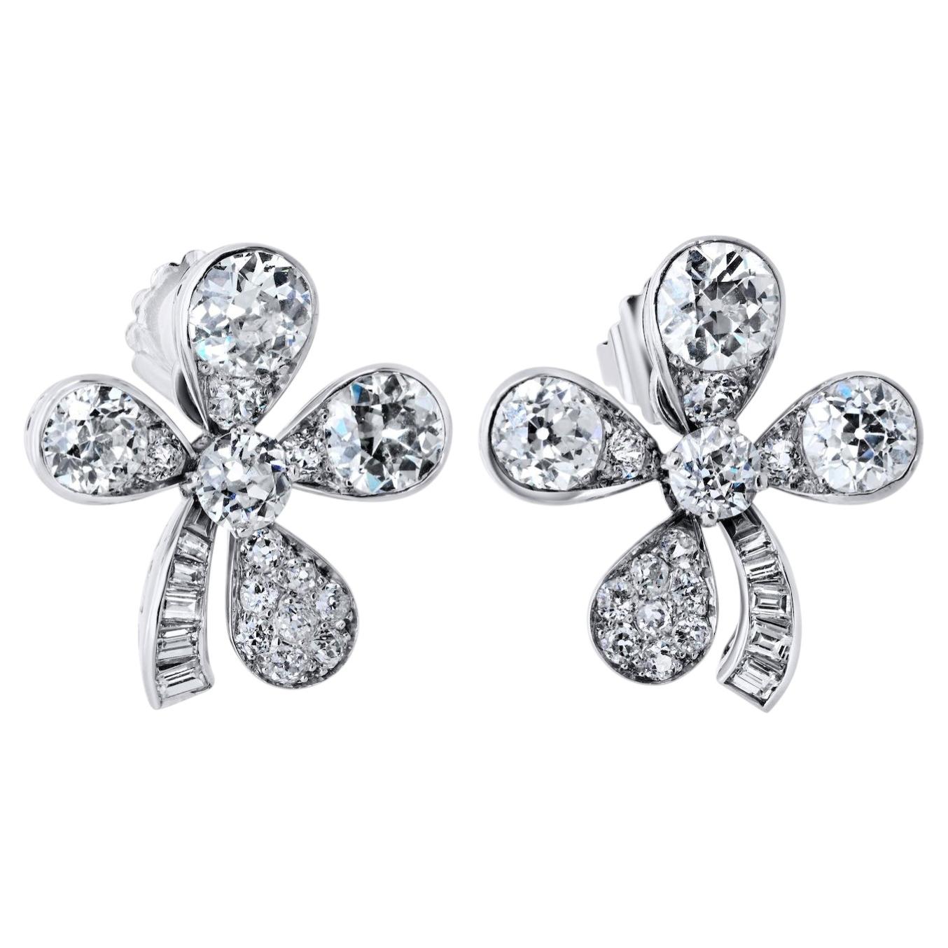 Platinum 4 Leaf Clover Style 8.67cts Old Euro Diamond Earrings