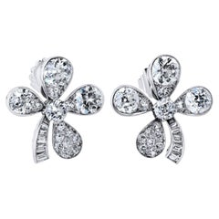 Platinum 4 Leaf Clover Style 8.67cts Old Euro Diamond Earrings