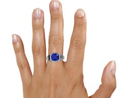 Platinum 4.0 Carat Vivid Cushion Cut Blue Sapphire Sculpture Ring