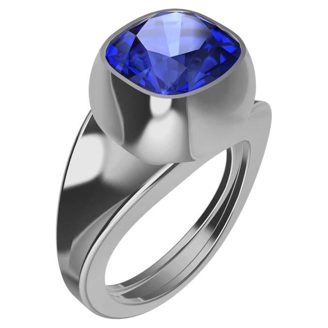 Anillo Escultura Zafiro Azul Platino 4,0 Quilates Corte Cojín Vivo