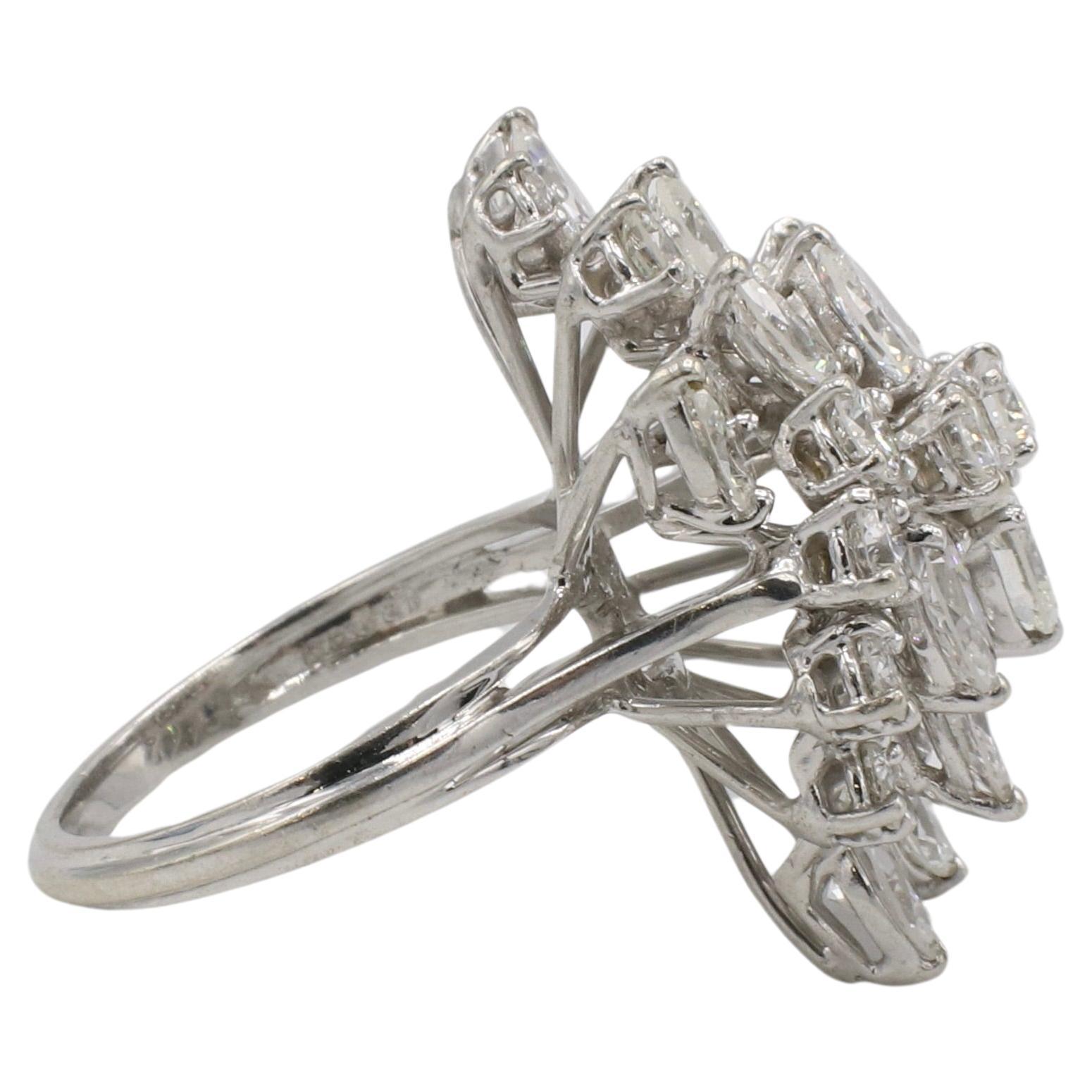 Retro Platinum 4.00 Carat Natural Diamond Cluster Waterfall Cocktail Ring  For Sale