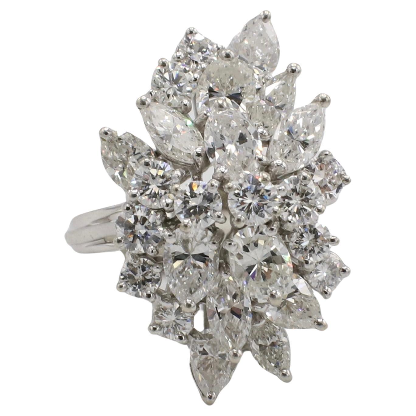 Platinum 4.00 Carat Natural Diamond Cluster Waterfall Cocktail Ring  For Sale