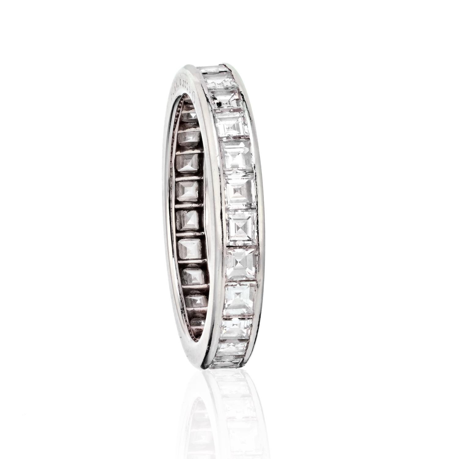Modern Platinum 4.00cttw Carre Cut Channel Set Diamond Eternity Ring For Sale