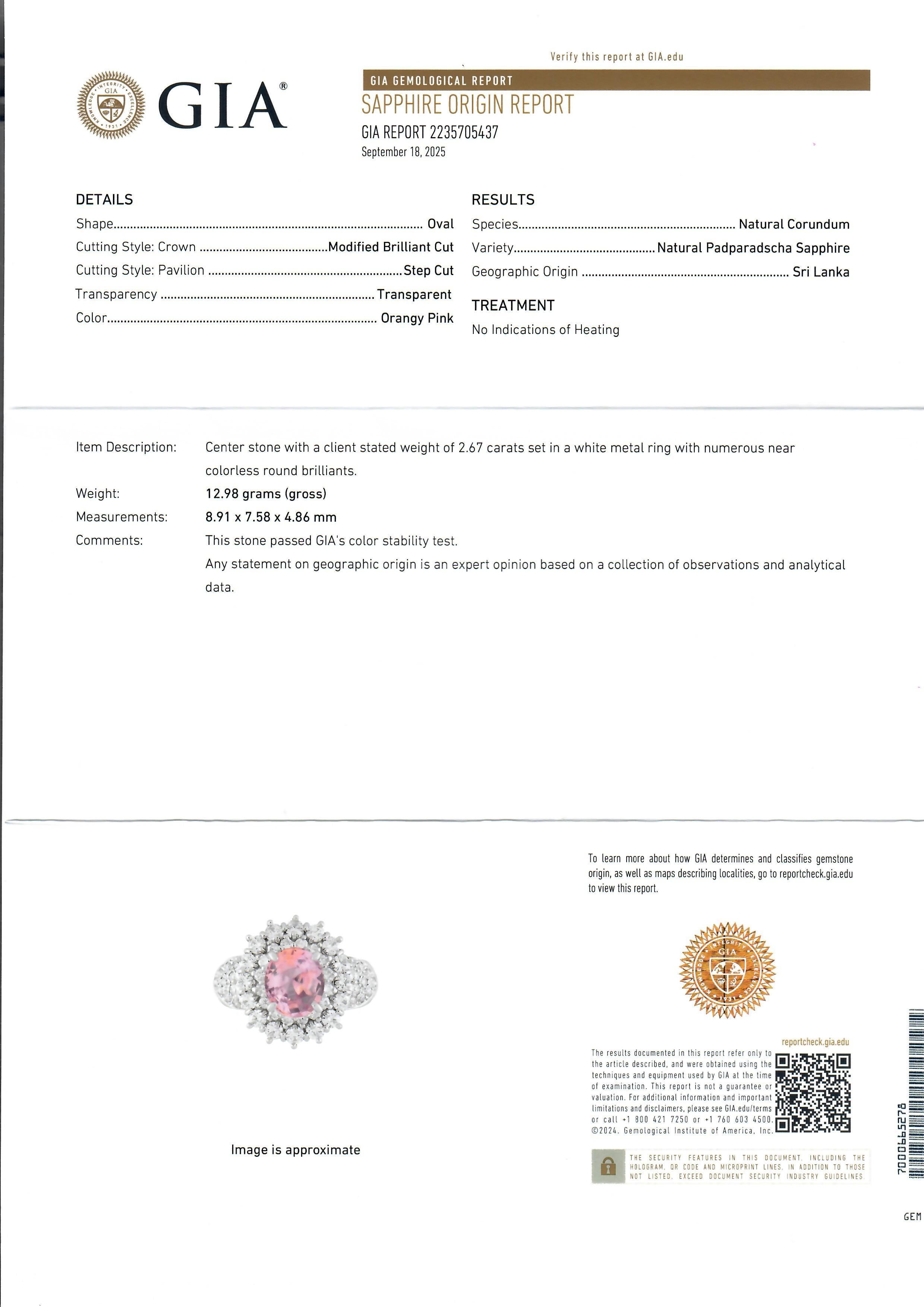 Donna Anello in platino con zaffiro Padparadscha di Ceylon e diamanti 4,01ct GIA No Heat in vendita