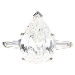 Platinum 4.03 Carat Pear Diamond Three Stone Baguette Engagement Ring