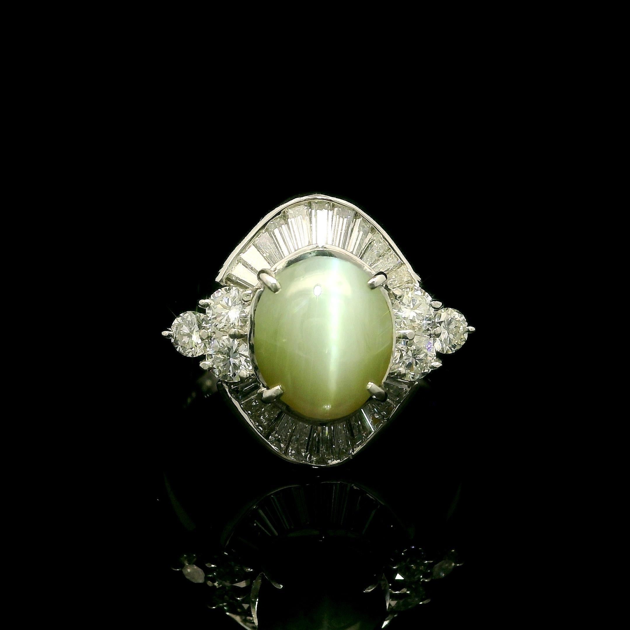 Anello da cocktail in platino con occhio di gatto ovale, baguette e diamanti rotondi a raggiera da 4,05 ct. in vendita 10