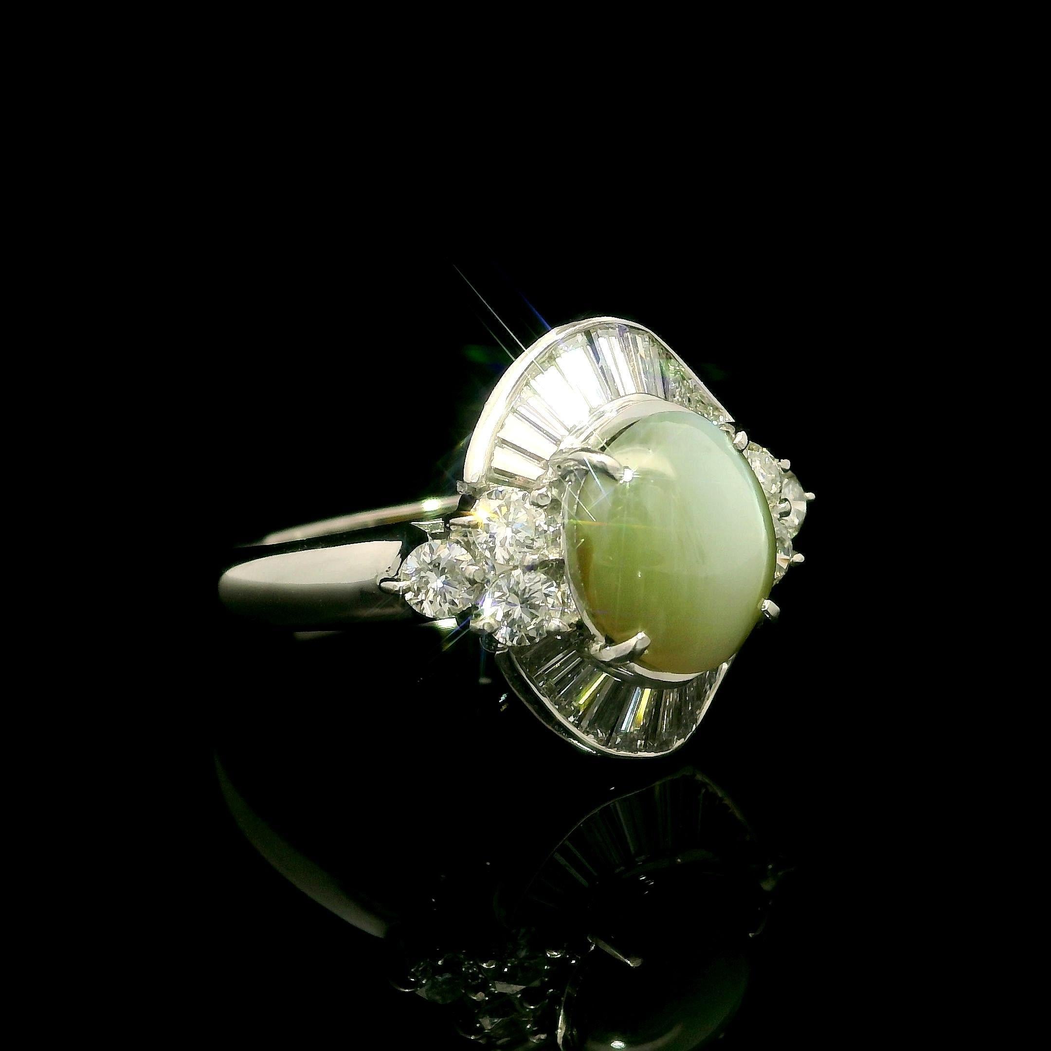 Anello da cocktail in platino con occhio di gatto ovale, baguette e diamanti rotondi a raggiera da 4,05 ct. in vendita 11