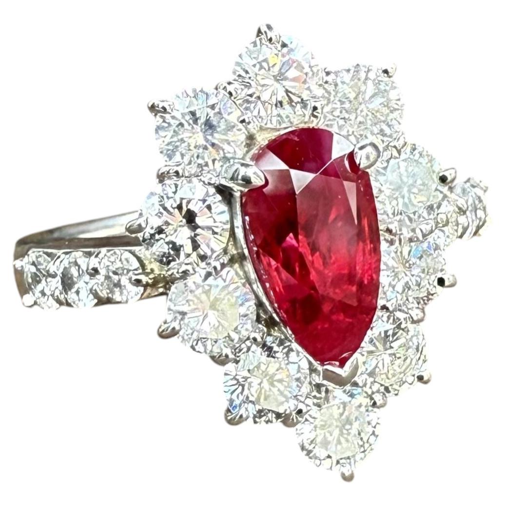 Platin 4,08ctw GIA Pear Vivid Red Pigeon's Blood Burma Ruby Diamond Ring im Angebot