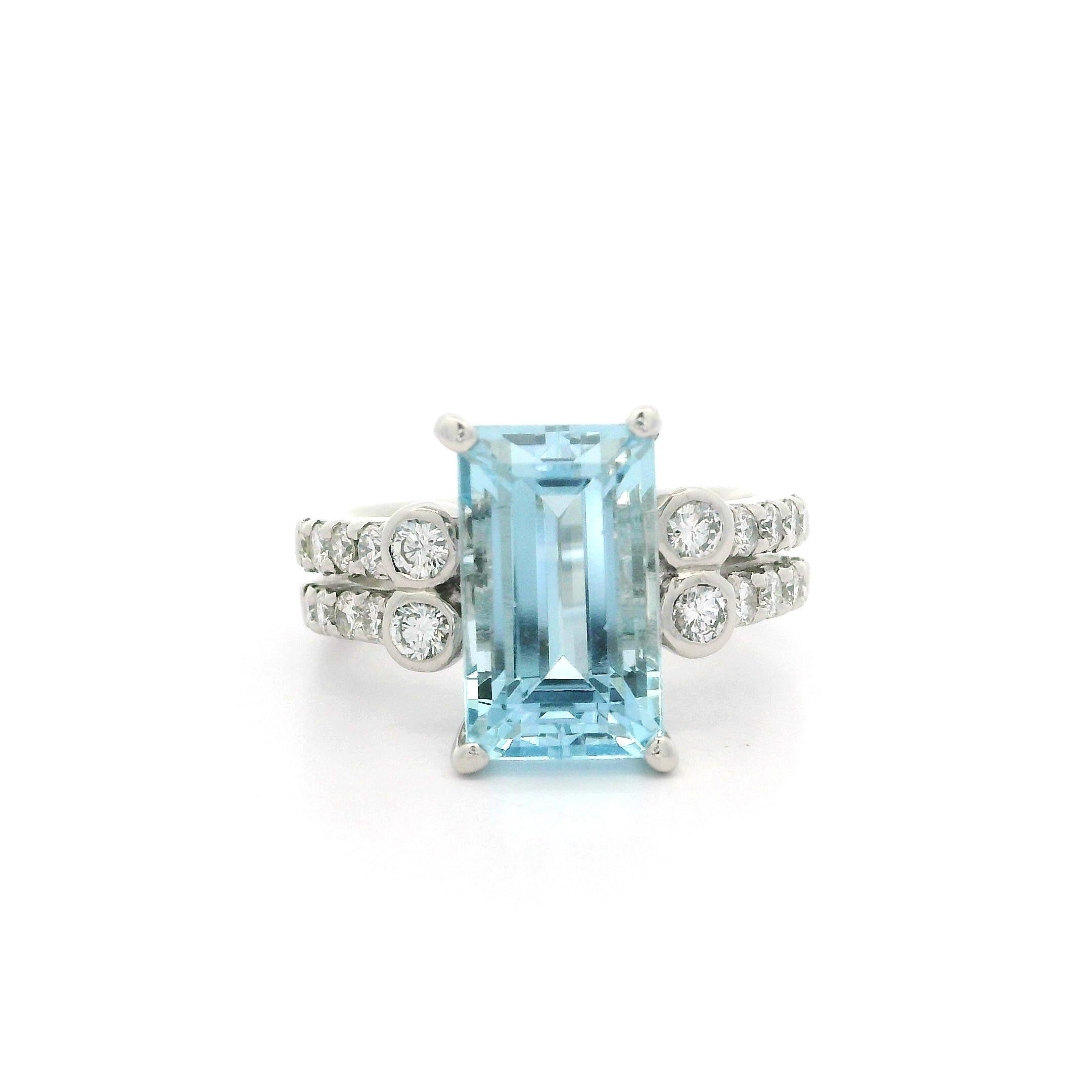 Platinum 4.09ctw Long Emerald Cut Aquamarine & Diamond Split Shank Ring In Excellent Condition For Sale In Montclair, NJ