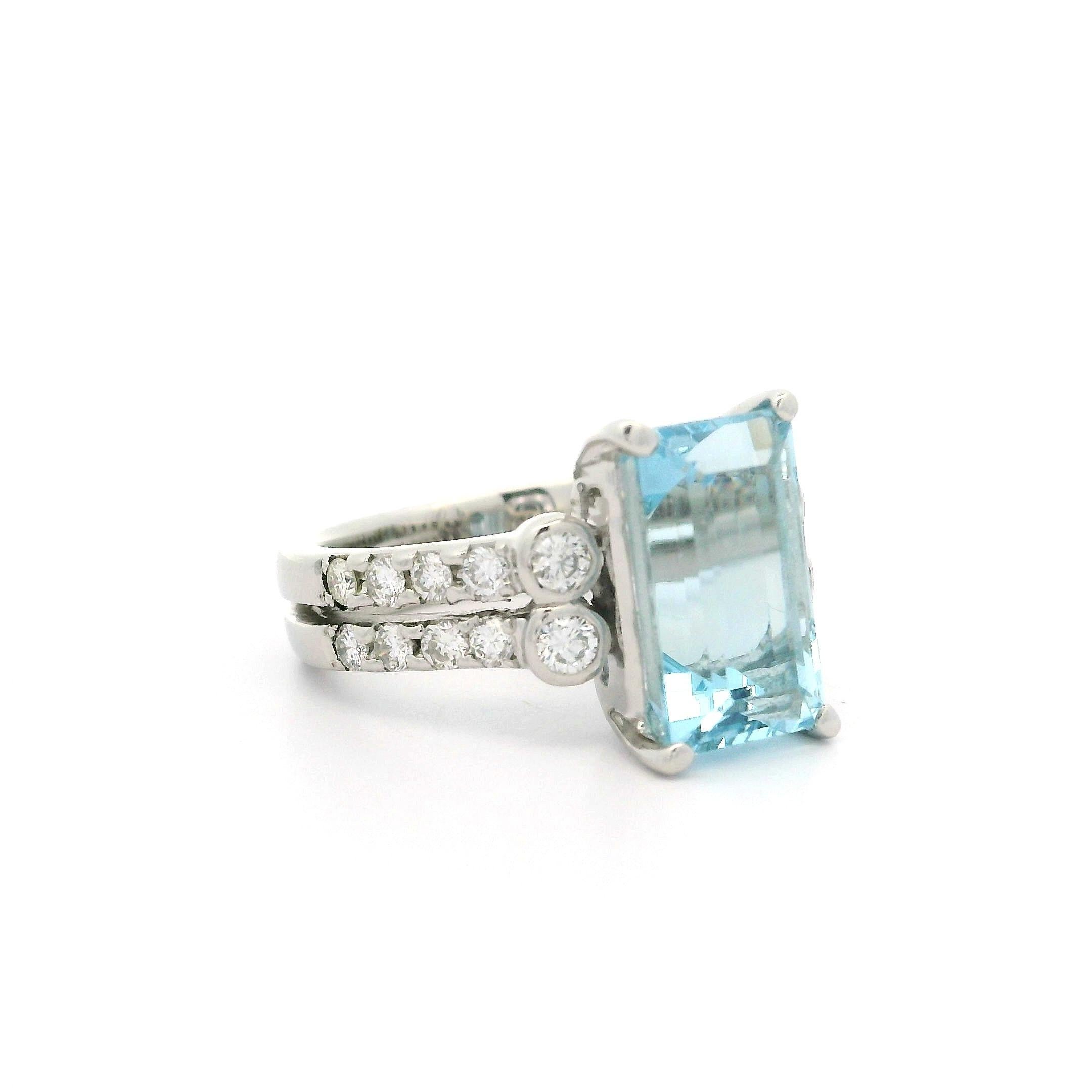 Women's Platinum 4.09ctw Long Emerald Cut Aquamarine & Diamond Split Shank Ring For Sale