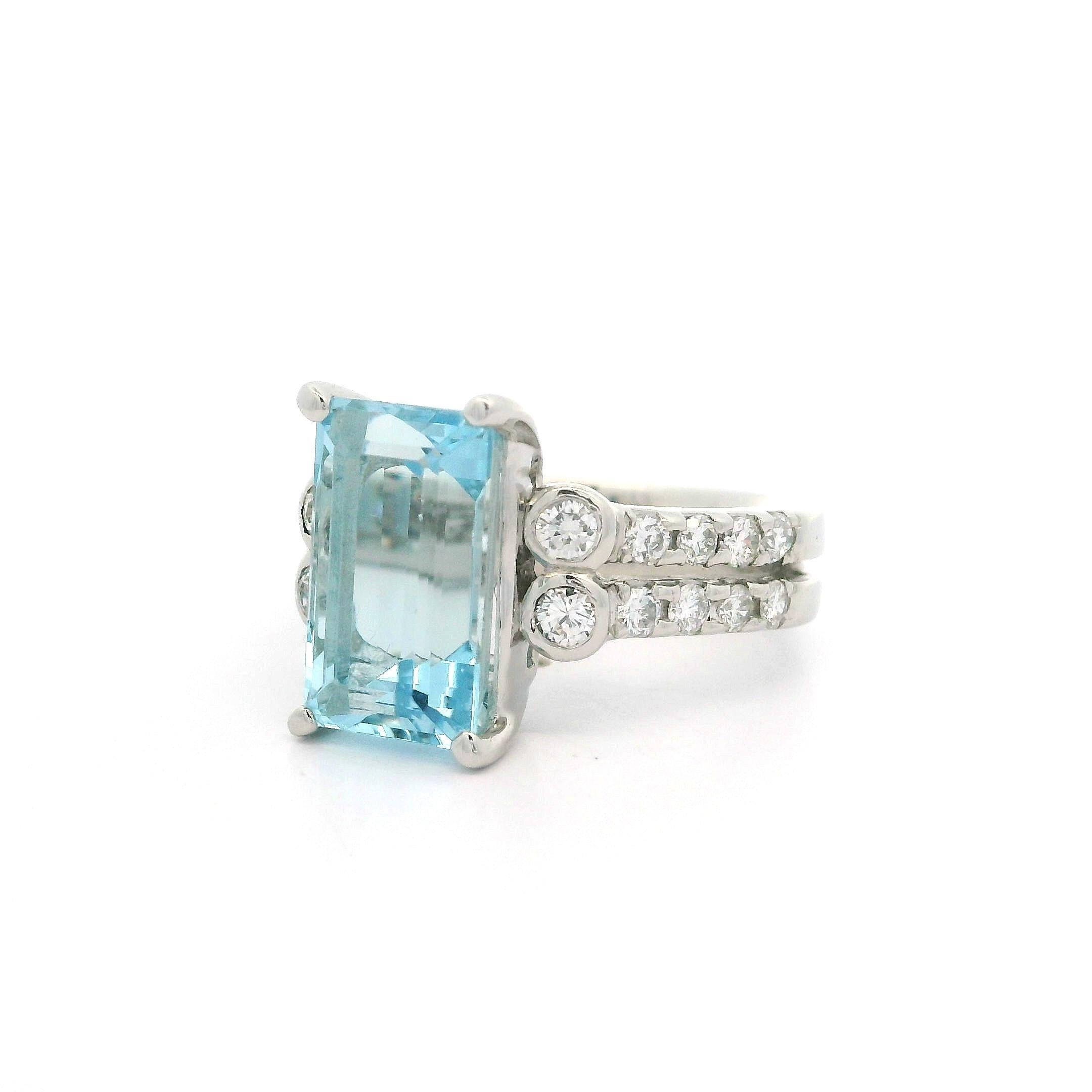 Platinum 4.09ctw Long Emerald Cut Aquamarine & Diamond Split Shank Ring For Sale 1