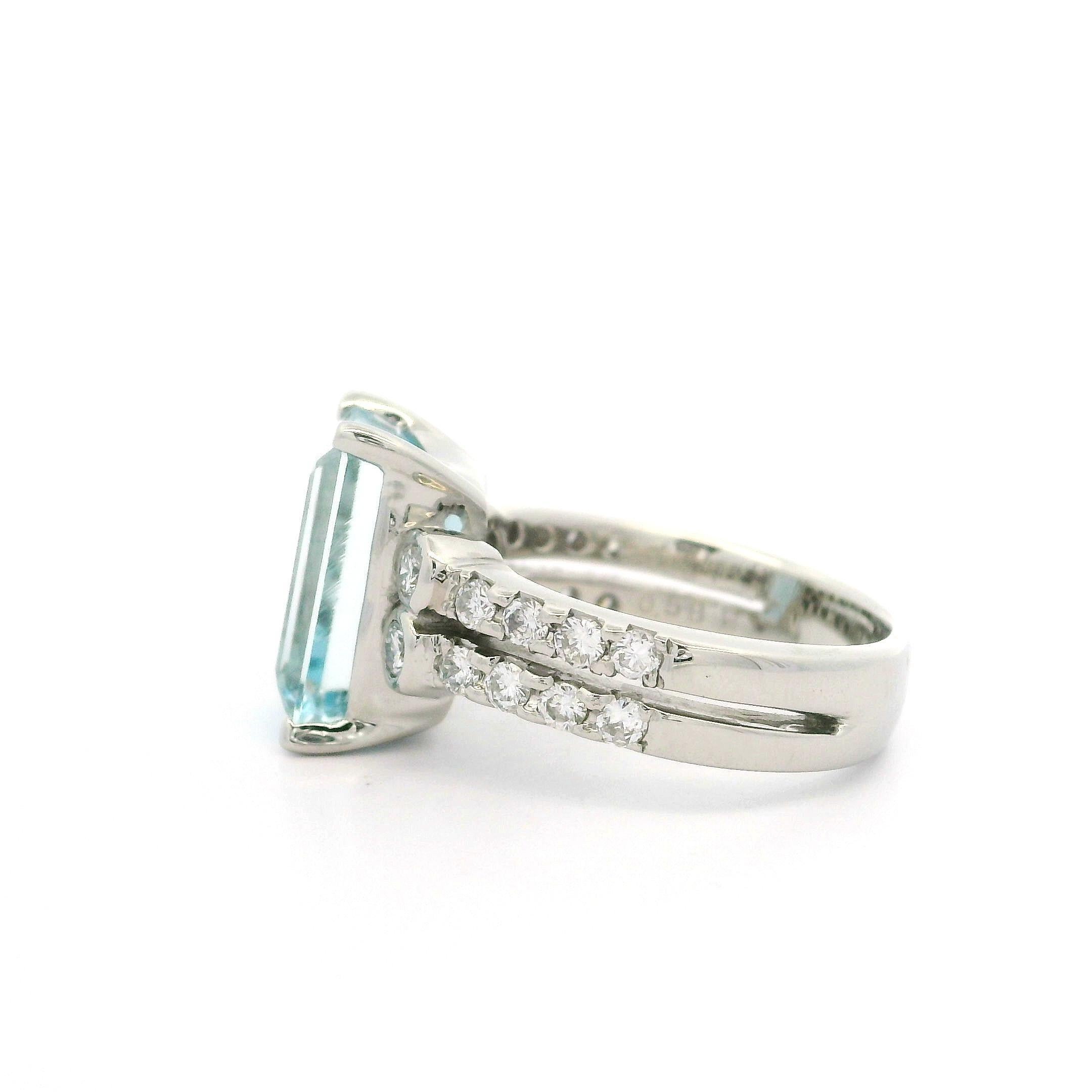 Platinum 4.09ctw Long Emerald Cut Aquamarine & Diamond Split Shank Ring For Sale 2