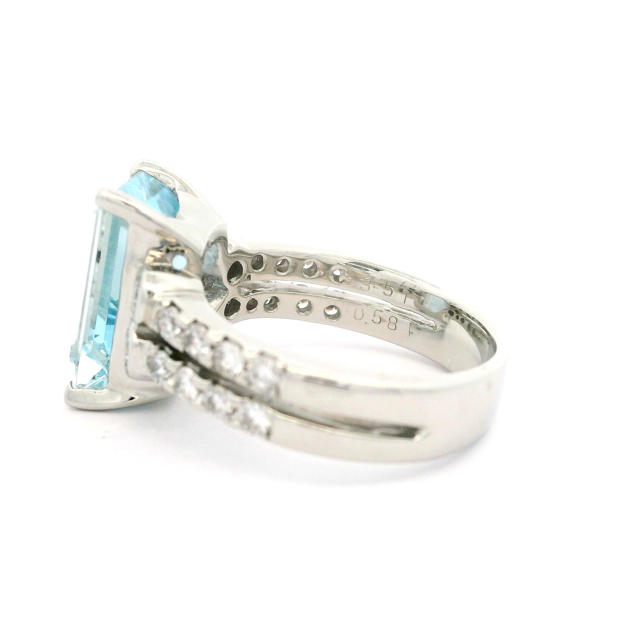 Platinum 4.09ctw Long Emerald Cut Aquamarine & Diamond Split Shank Ring For Sale 5