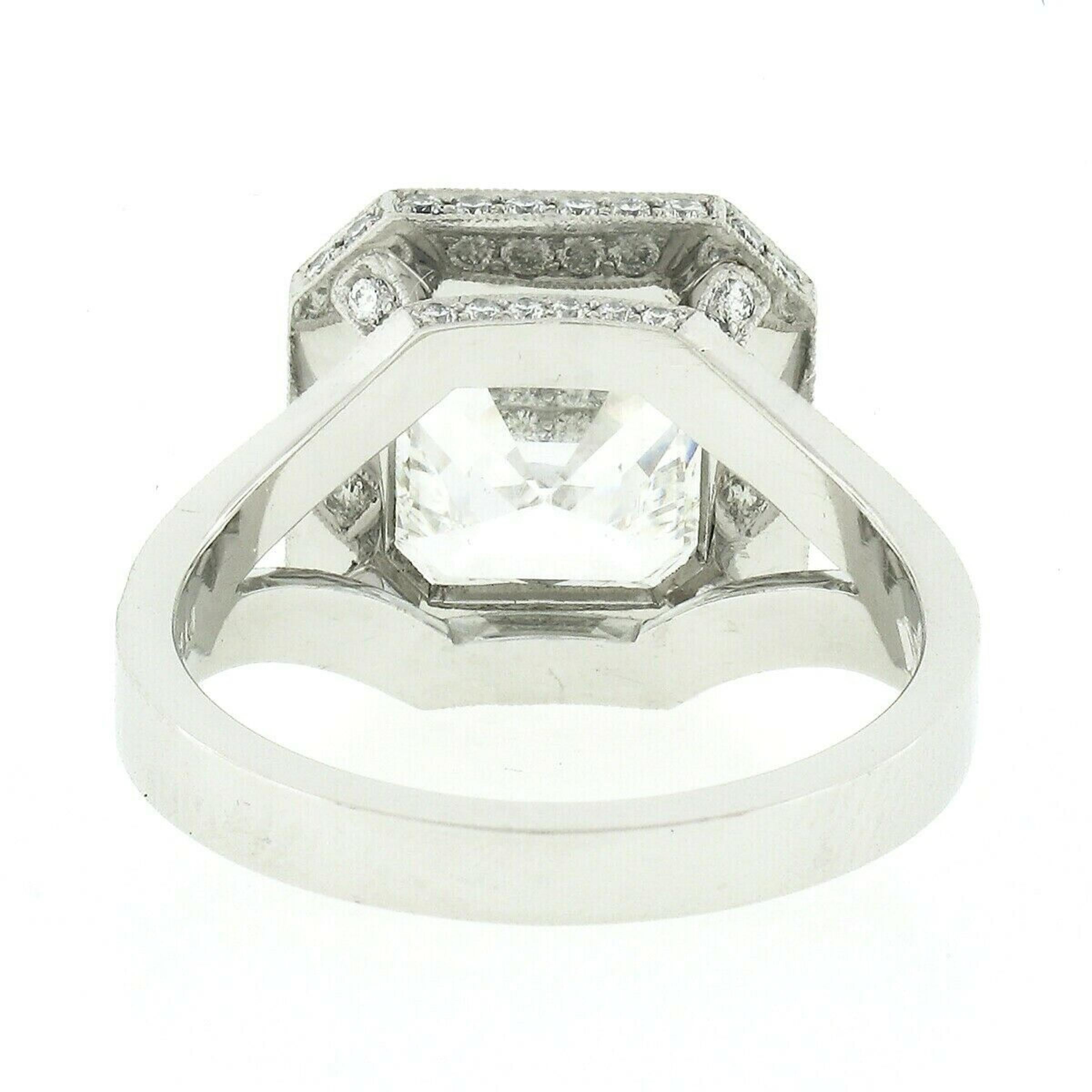 Platinum 4.10ctw F VS1 GIA Asscher Square Emerald Cut Diamond Engagement Ring In Excellent Condition In Montclair, NJ