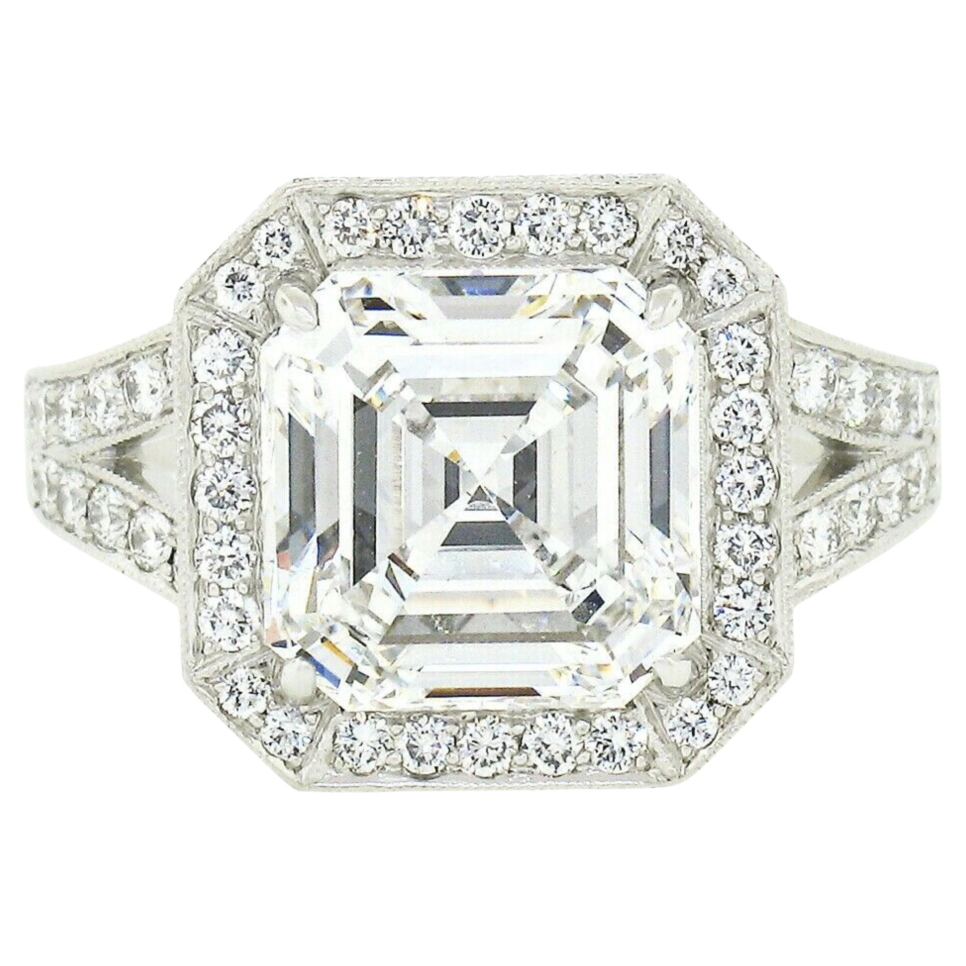 Platinum 4.10ctw F VS1 GIA Asscher Square Emerald Cut Diamond Engagement Ring