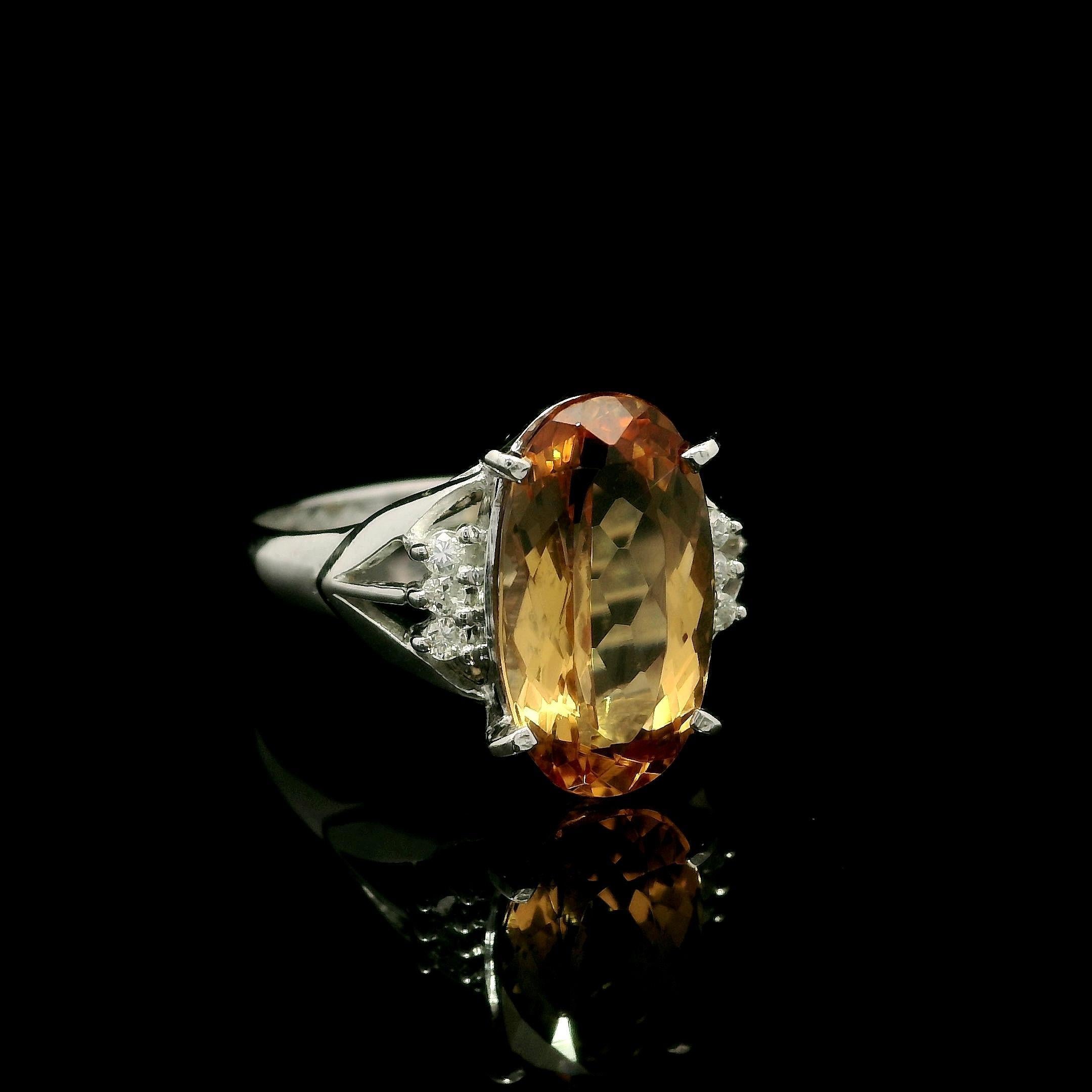 Platinum 4.22ctw Elongated Oval Precious Yellow Orange Topaz Diamond Sides Ring For Sale 5