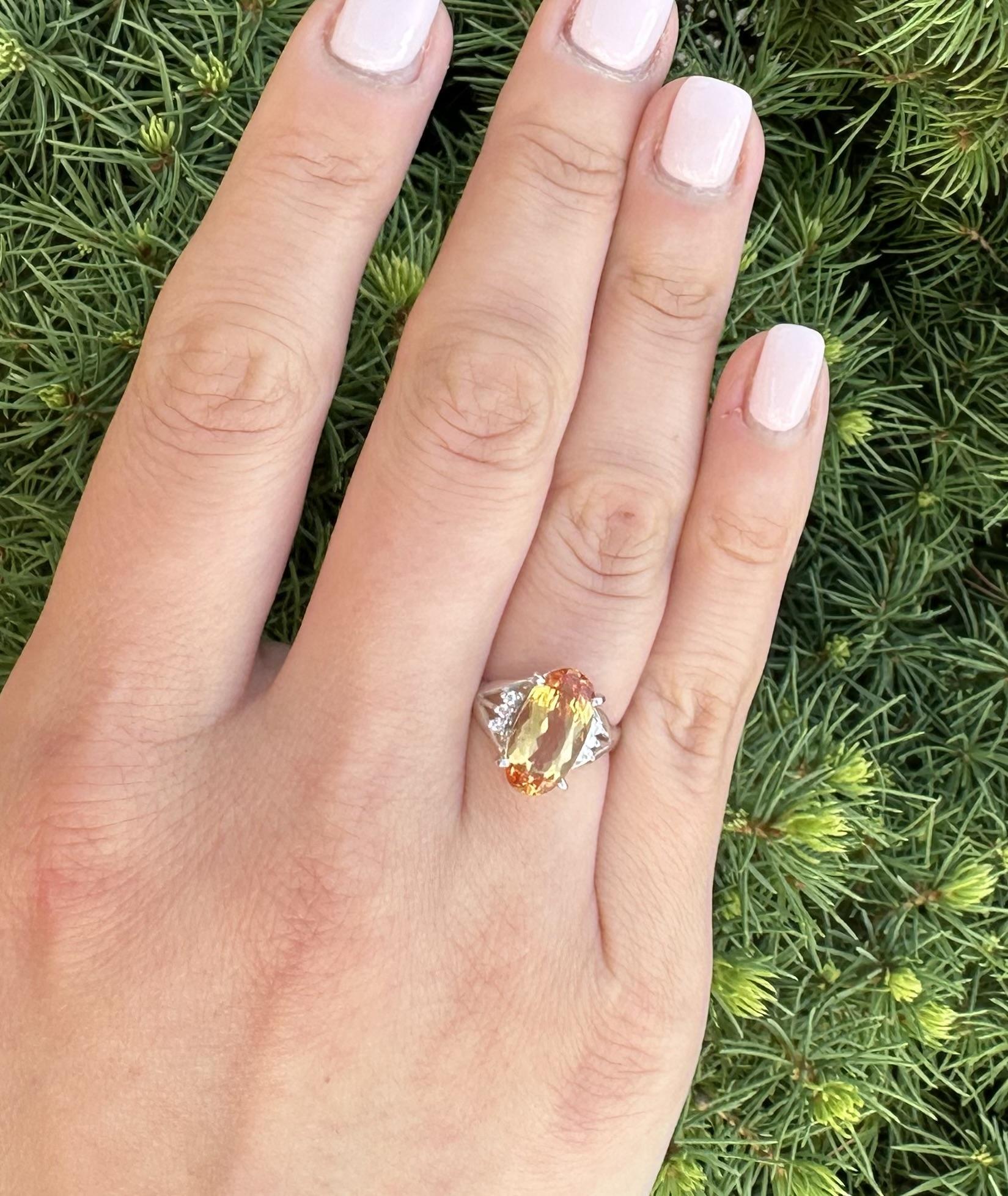Platinum 4.22ctw Elongated Oval Precious Yellow Orange Topaz Diamond Sides Ring For Sale 6