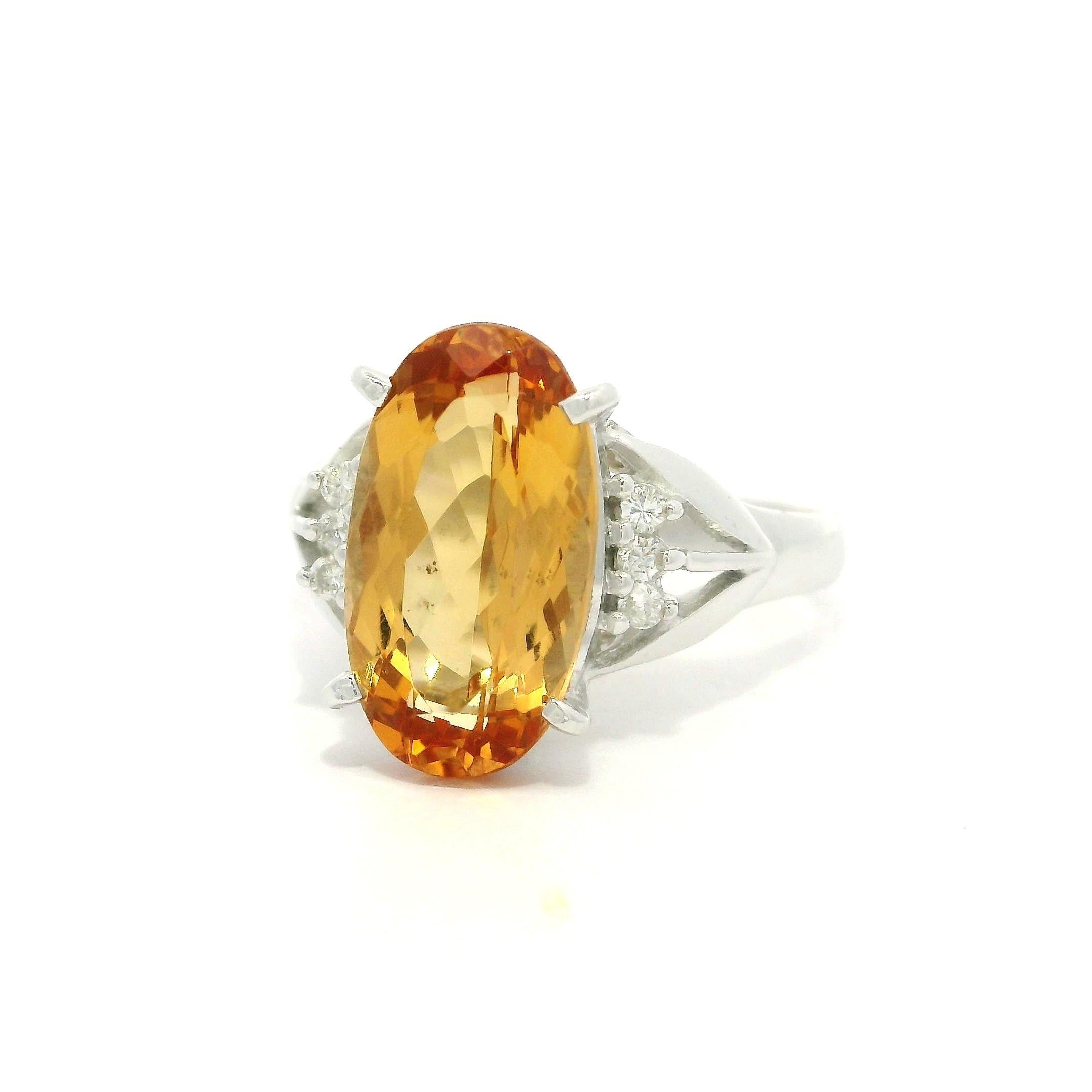 Platinum 4.22ctw Elongated Oval Precious Yellow Orange Topaz Diamond Sides Ring For Sale 7