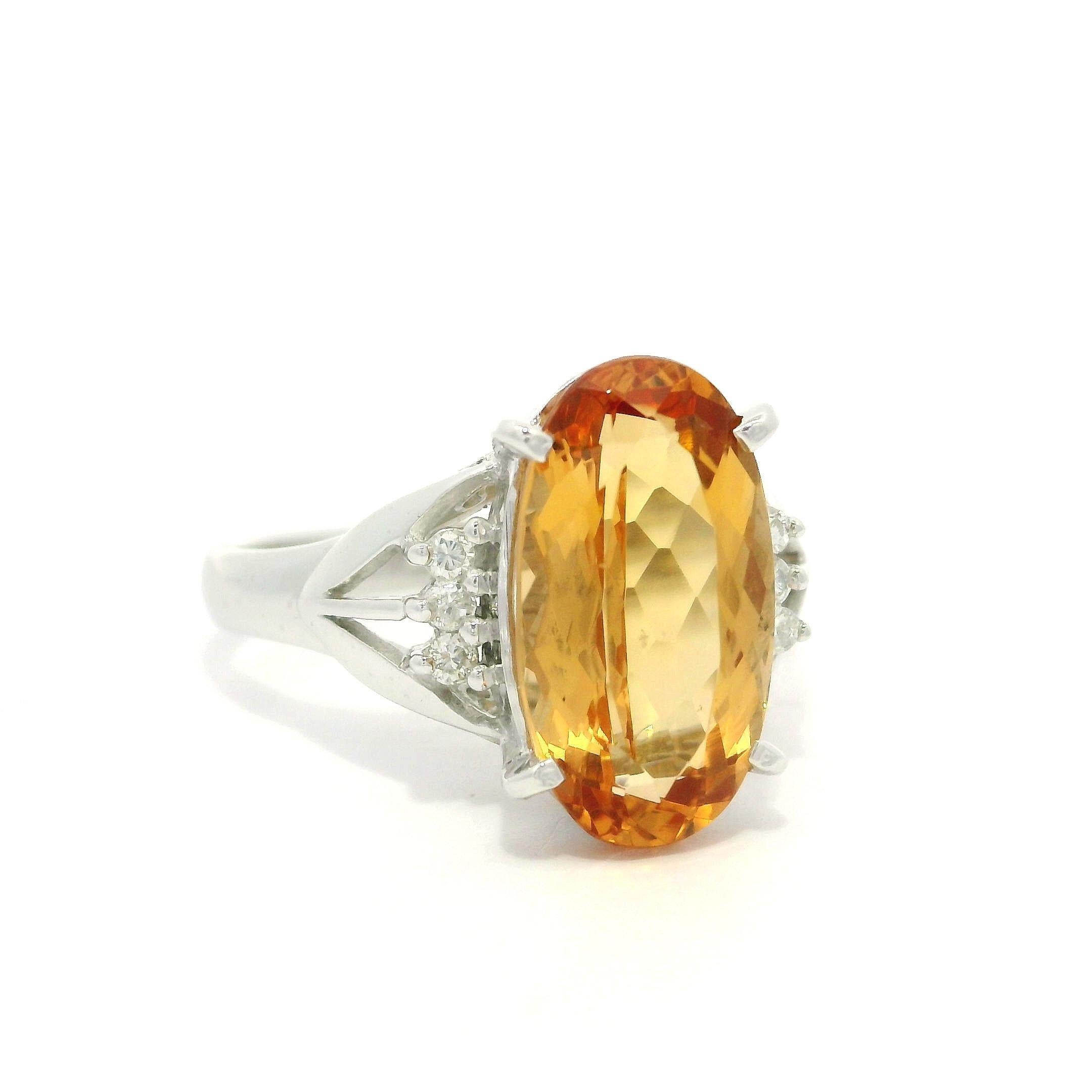 Platinum 4.22ctw Elongated Oval Precious Yellow Orange Topaz Diamond Sides Ring For Sale 8