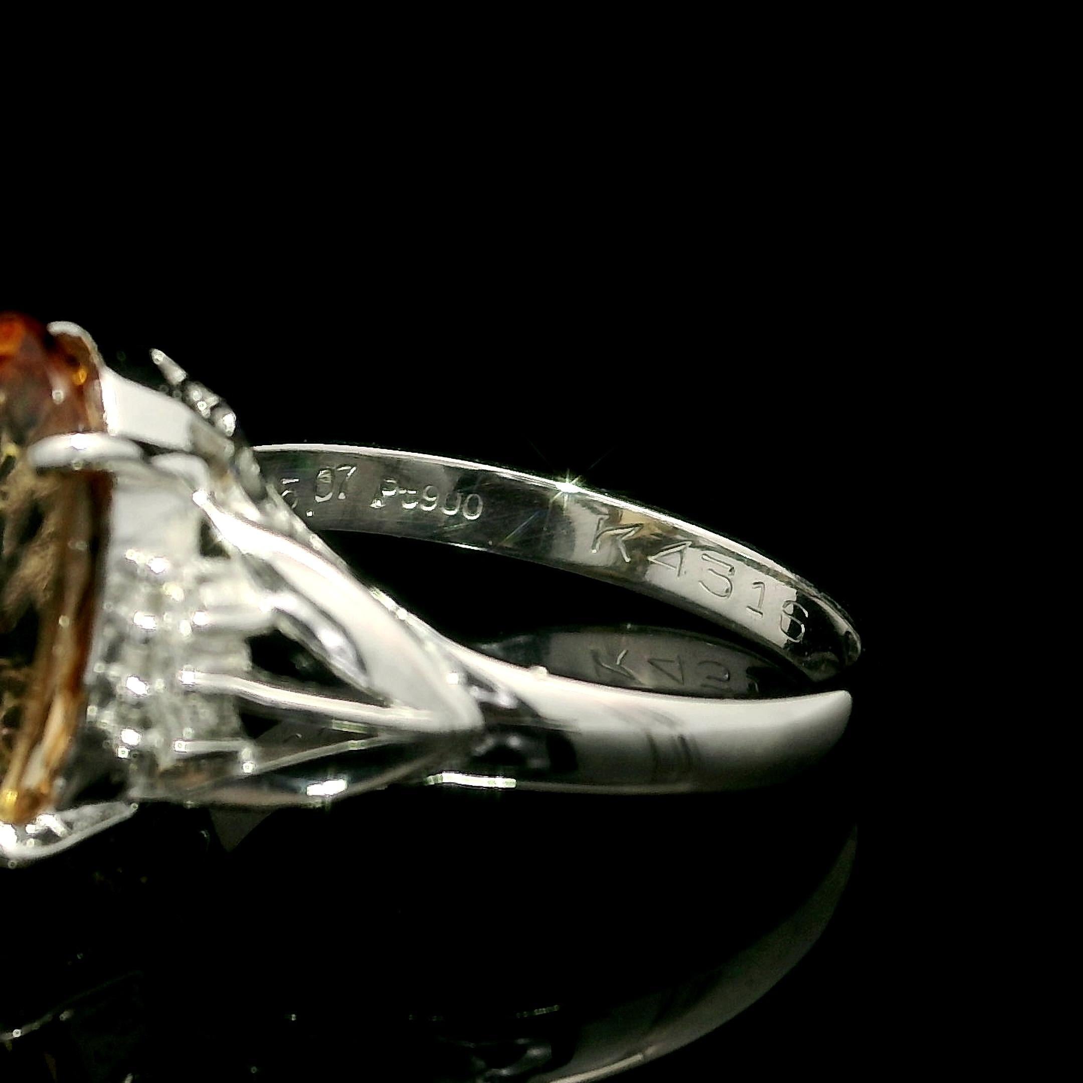 Platinum 4.22ctw Elongated Oval Precious Yellow Orange Topaz Diamond Sides Ring In Excellent Condition For Sale In Montclair, NJ