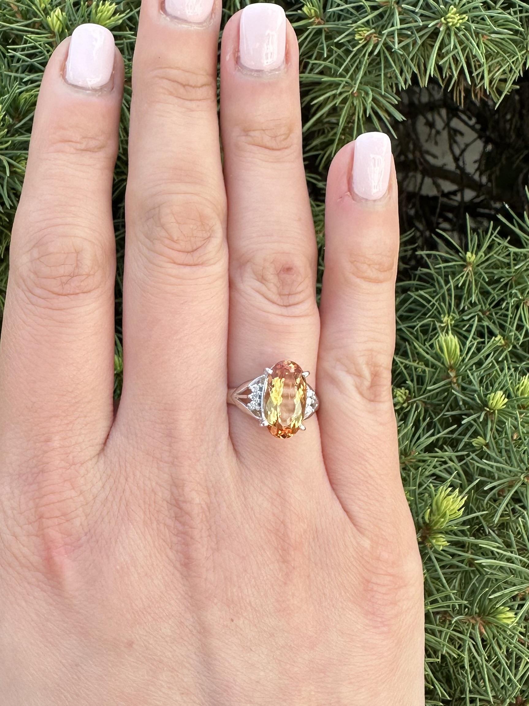 Women's Platinum 4.22ctw Elongated Oval Precious Yellow Orange Topaz Diamond Sides Ring For Sale