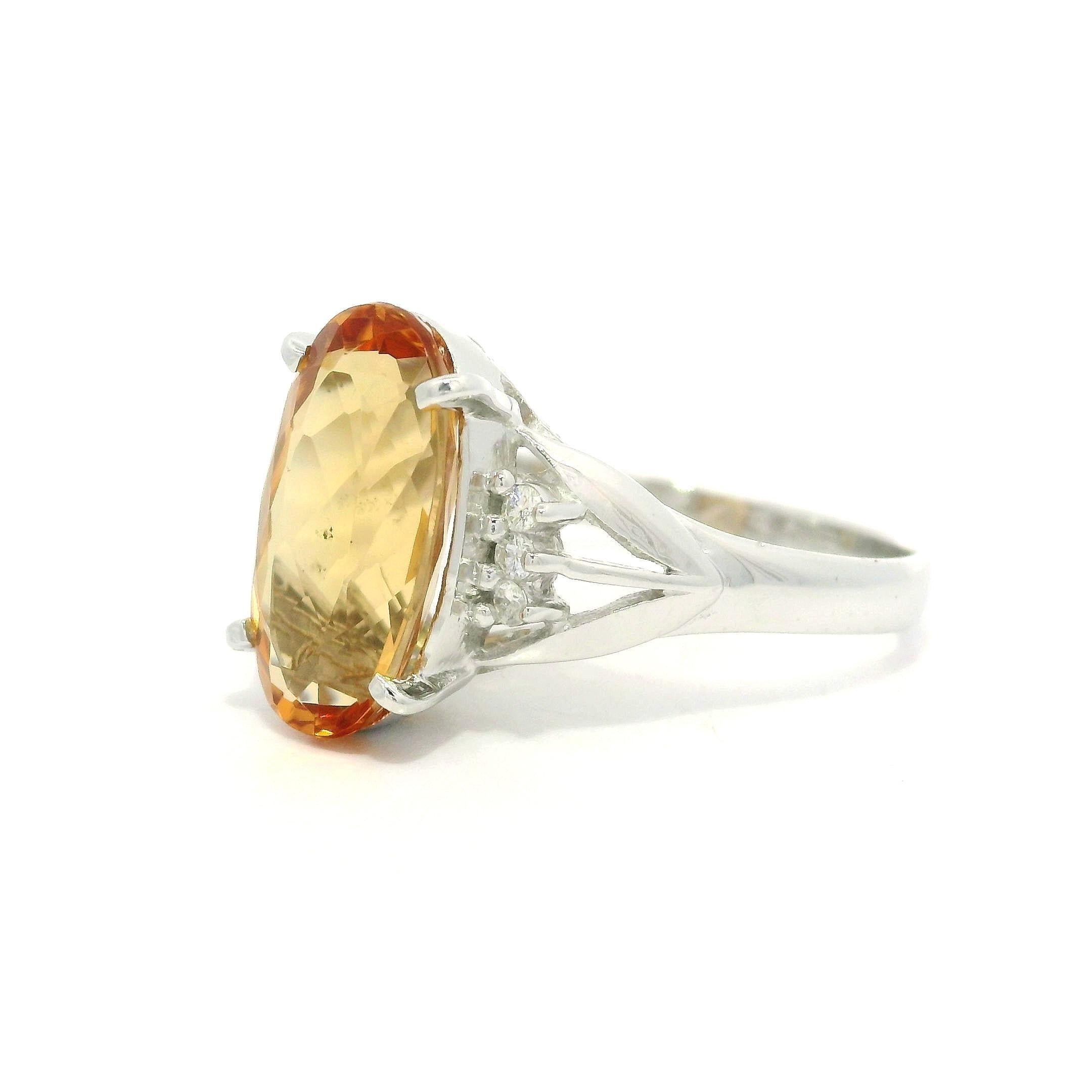 Platinum 4.22ctw Elongated Oval Precious Yellow Orange Topaz Diamond Sides Ring For Sale 2