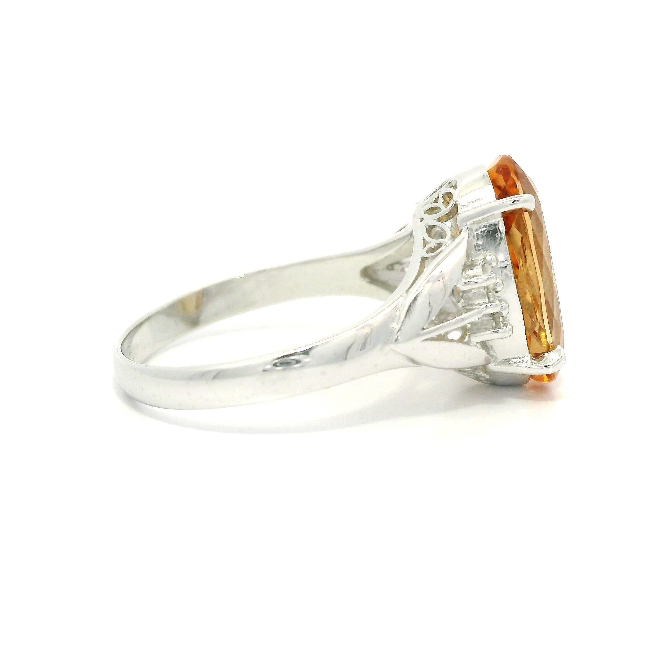 Platinum 4.22ctw Elongated Oval Precious Yellow Orange Topaz Diamond Sides Ring For Sale 4