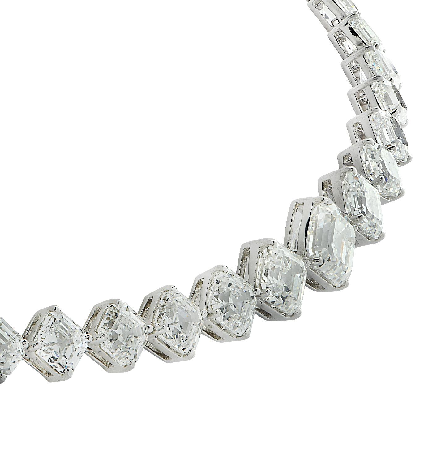 Modern Platinum 42.47 Carat Asscher Cut Diamond Graduated Riviera Necklace For Sale