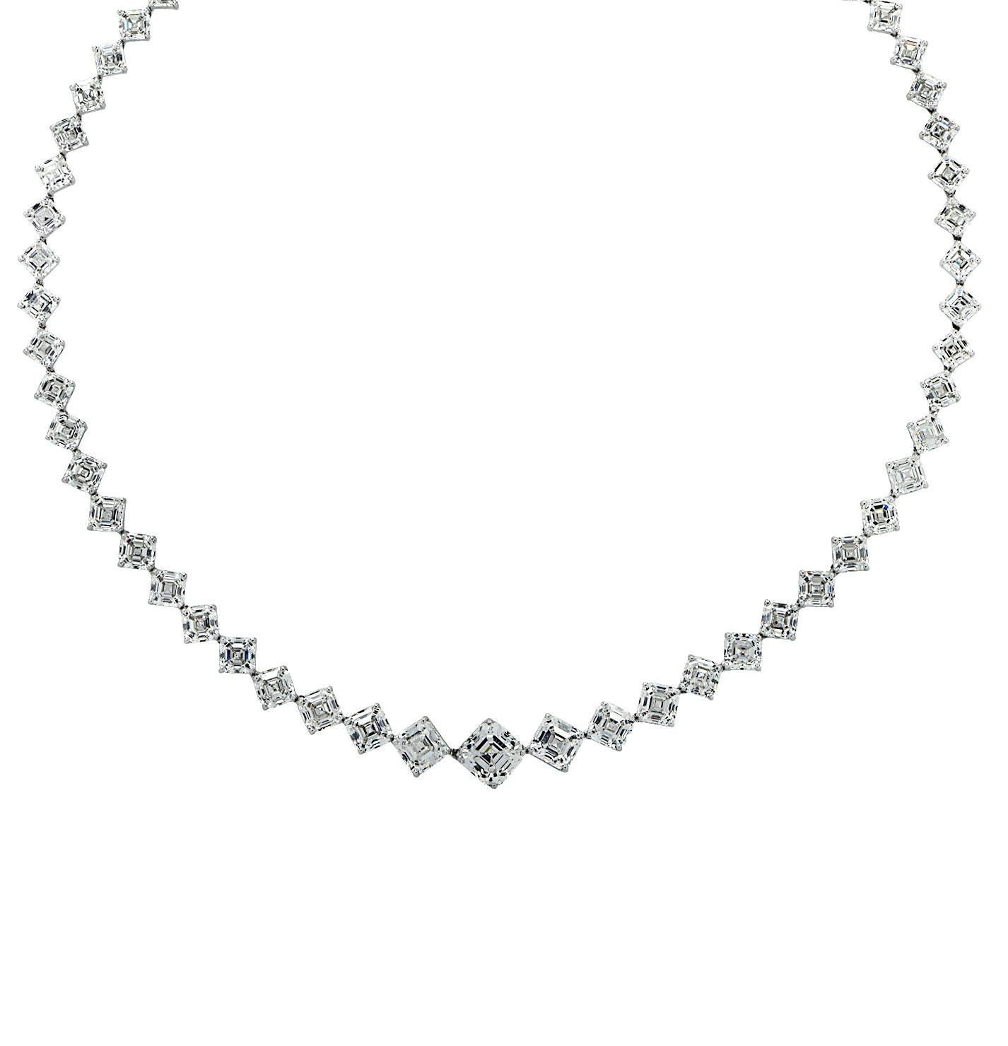 Platinum 42.47 Carat Asscher Cut Diamond Graduated Riviera Necklace In Excellent Condition For Sale In Miami, FL