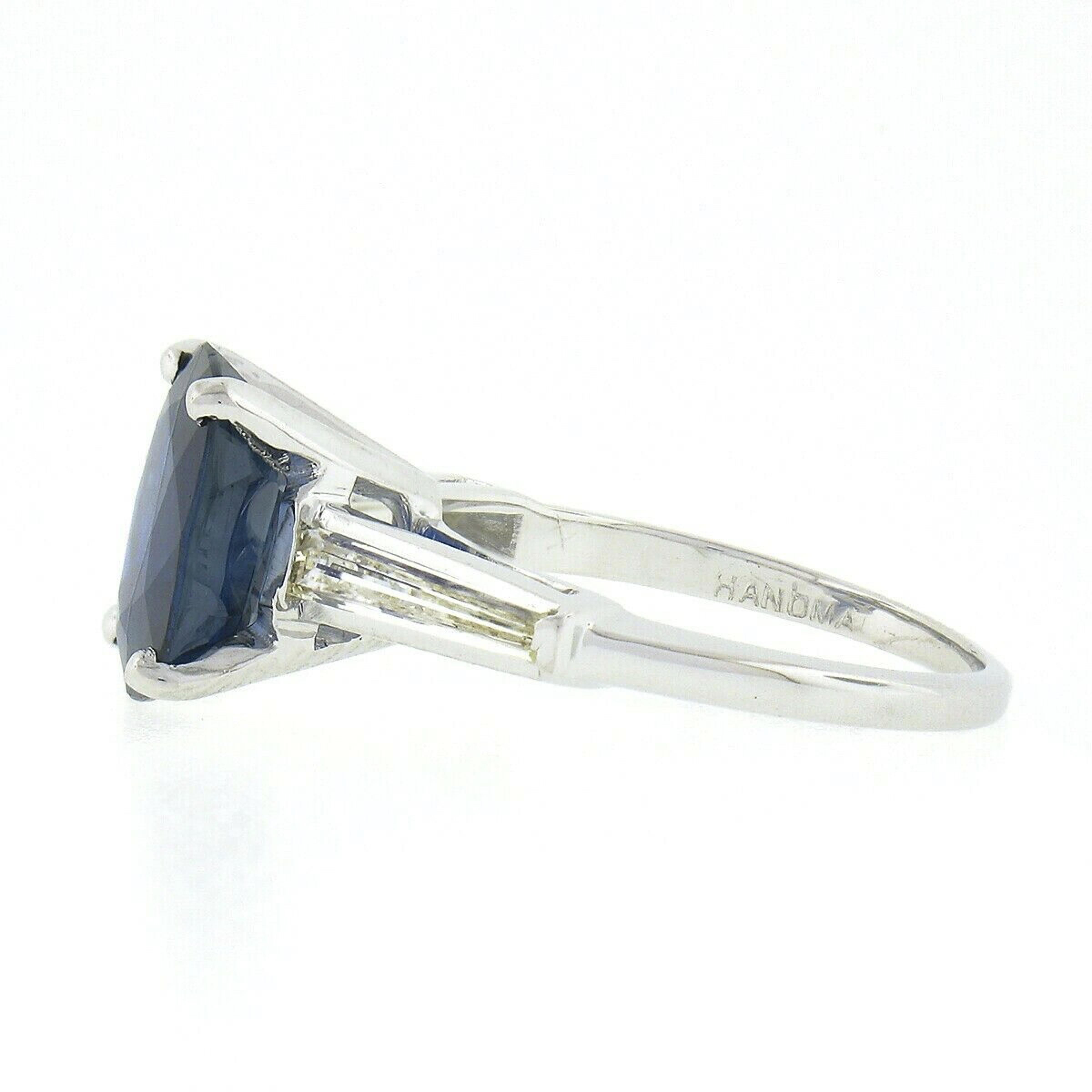 Women's Platinum 4.24ctw Gubelin NO HEAT Oval Sapphire & Baguette Diamond 3 Stone Ring For Sale