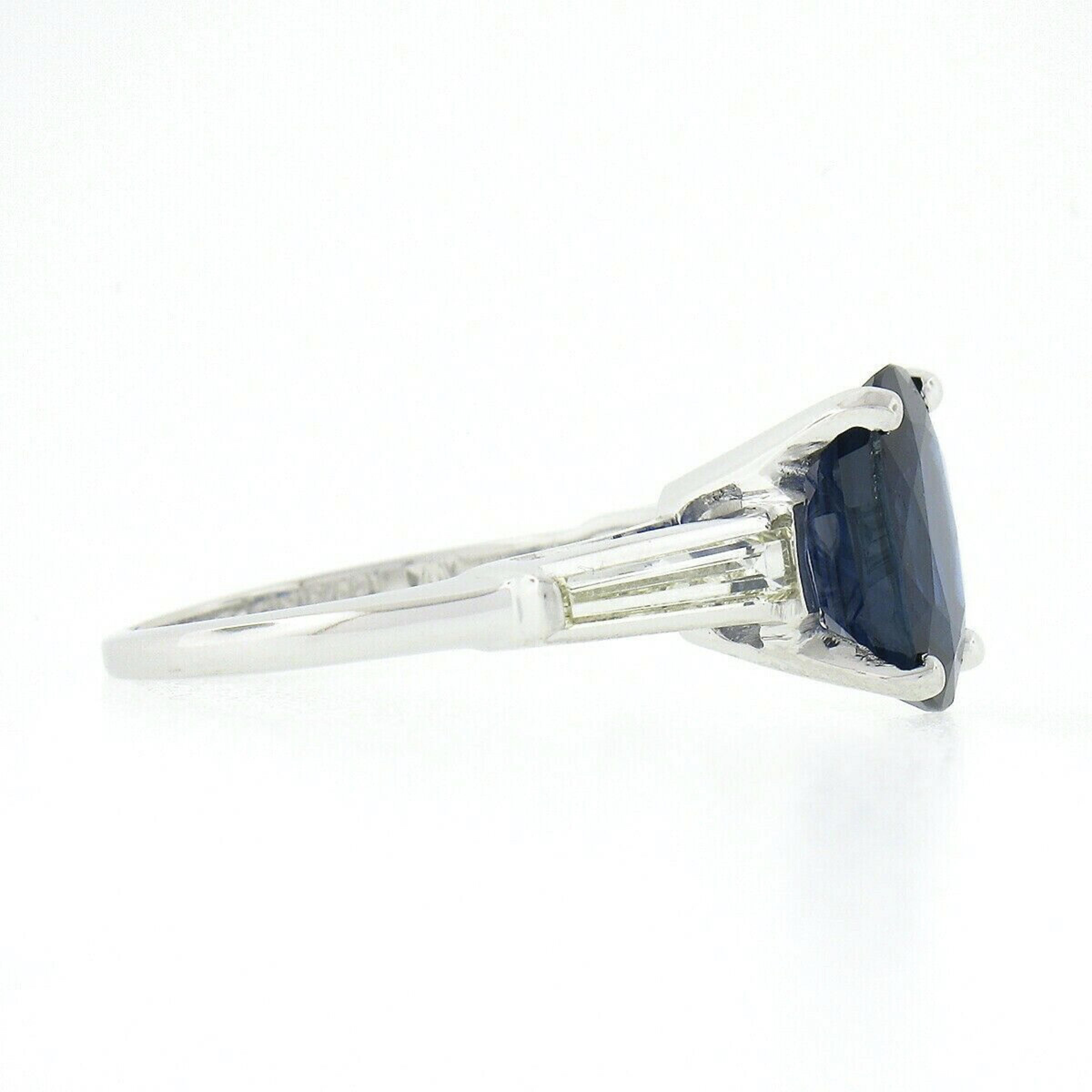 Platinum 4.24ctw Gubelin NO HEAT Oval Sapphire & Baguette Diamond 3 Stone Ring For Sale 1