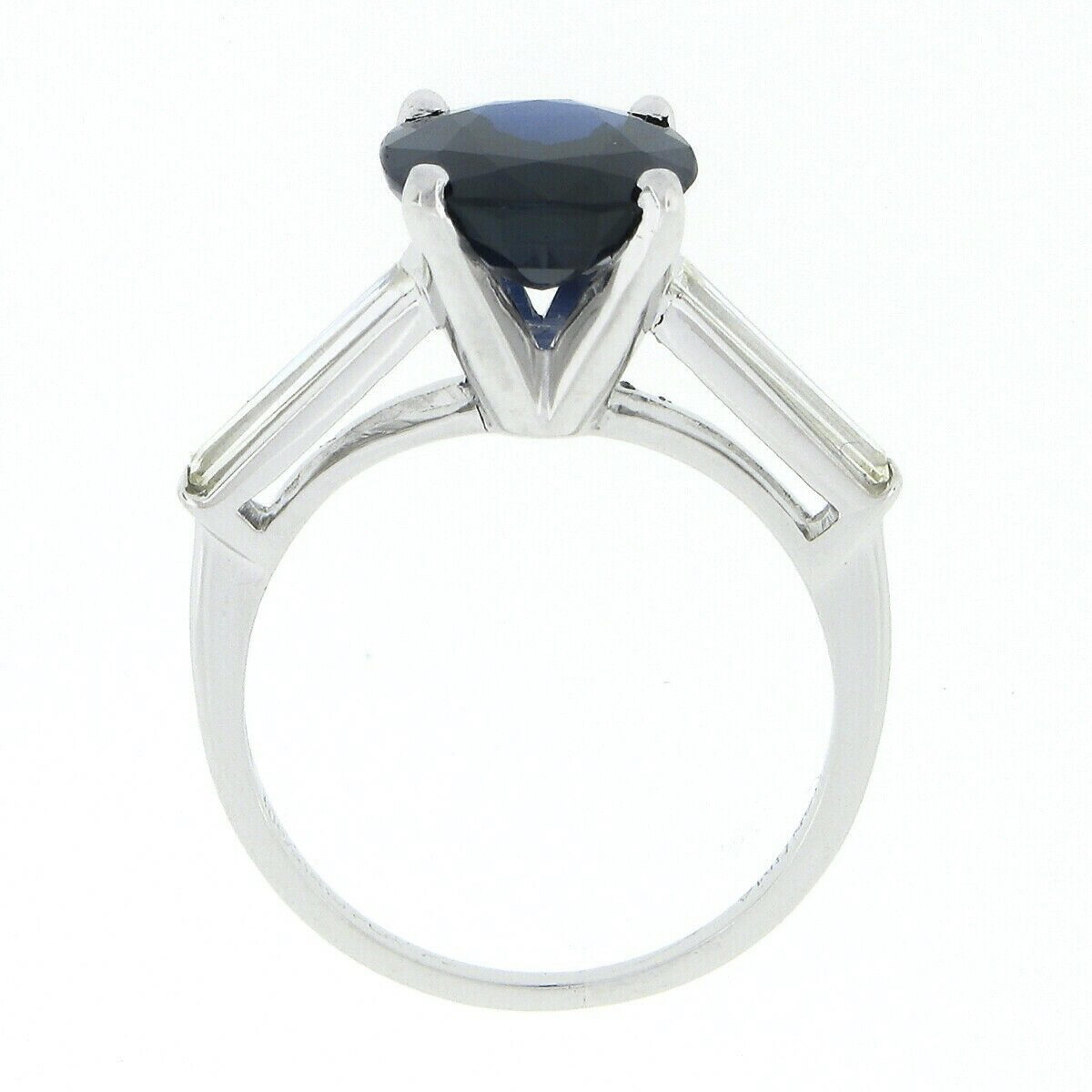 Platinum 4.24ctw Gubelin NO HEAT Oval Sapphire & Baguette Diamond 3 Stone Ring For Sale 3