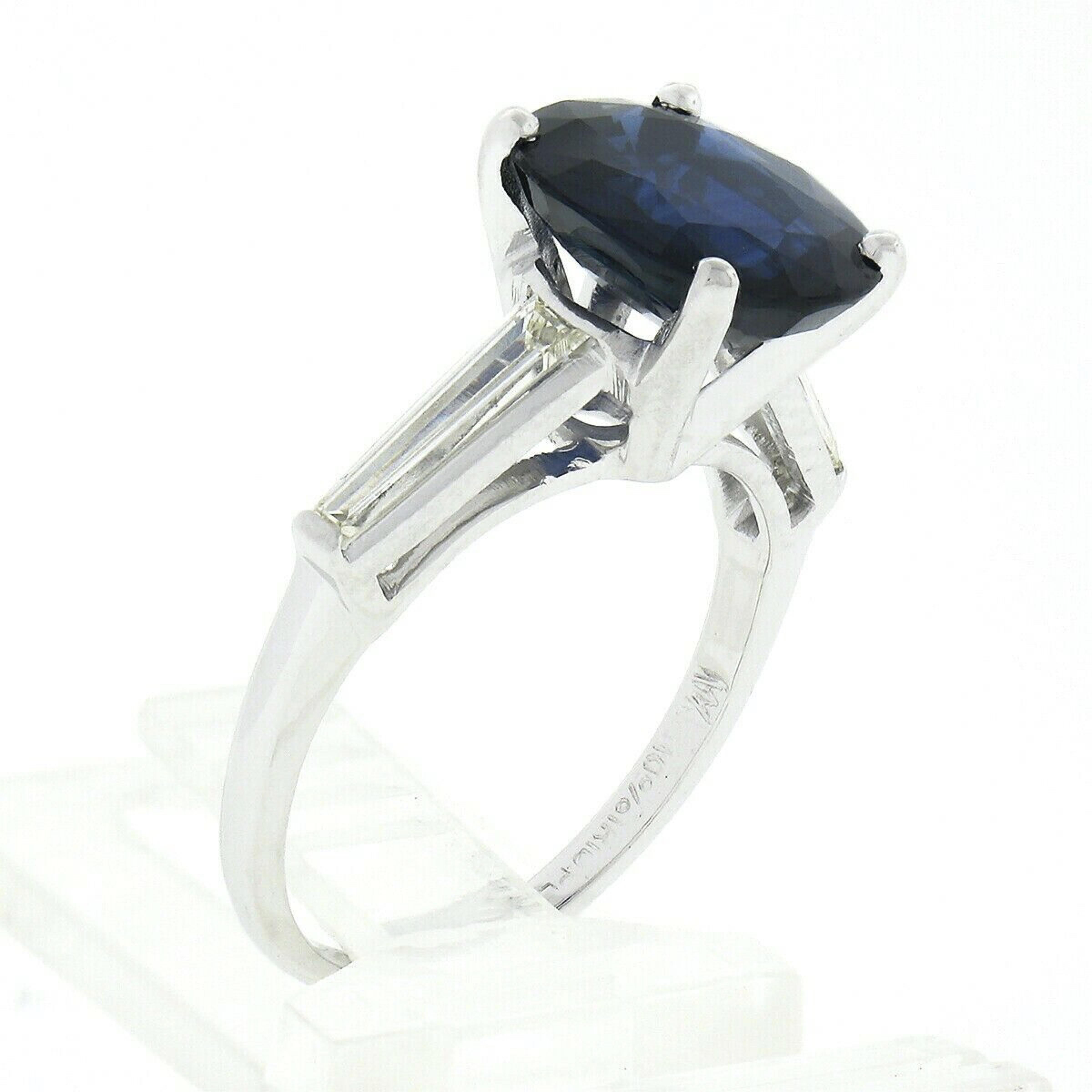 Platinum 4.24ctw Gubelin NO HEAT Oval Sapphire & Baguette Diamond 3 Stone Ring For Sale 4