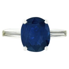 Retro Platinum 4.24ctw Gubelin NO HEAT Oval Sapphire & Baguette Diamond 3 Stone Ring