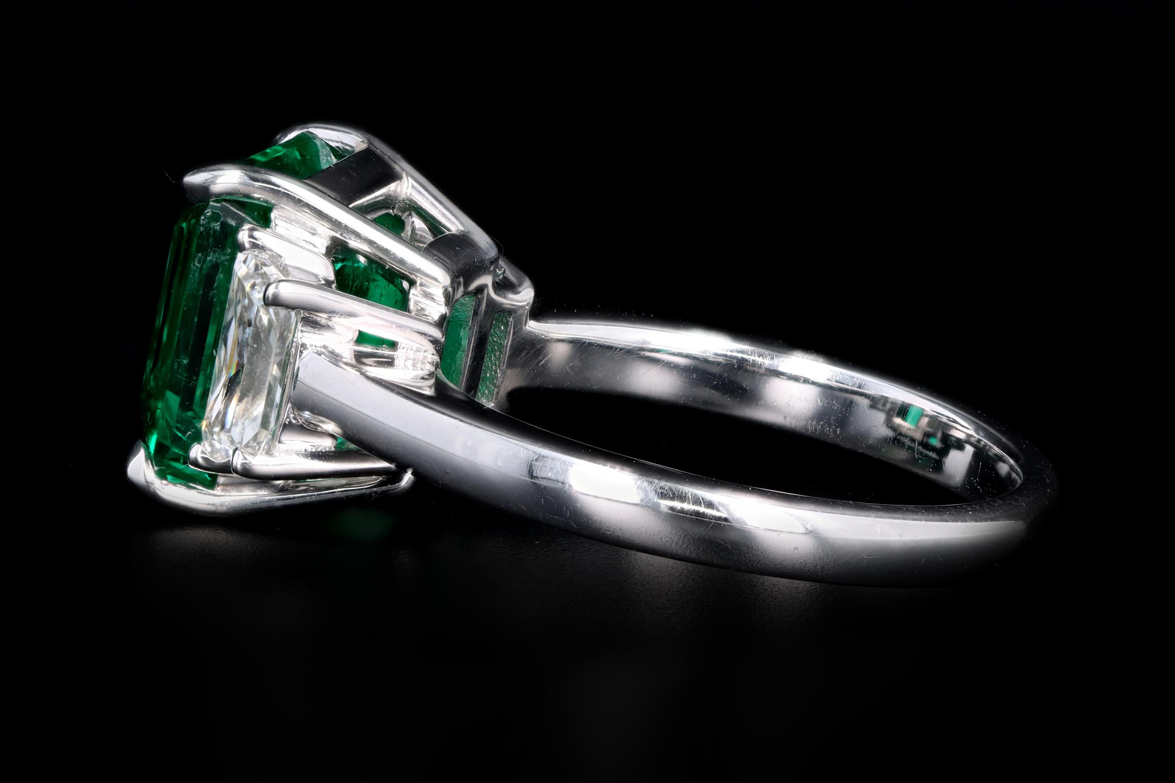 Emerald Cut Platinum 4.26 Carat Natural Colombian Emerald and Diamond Ring