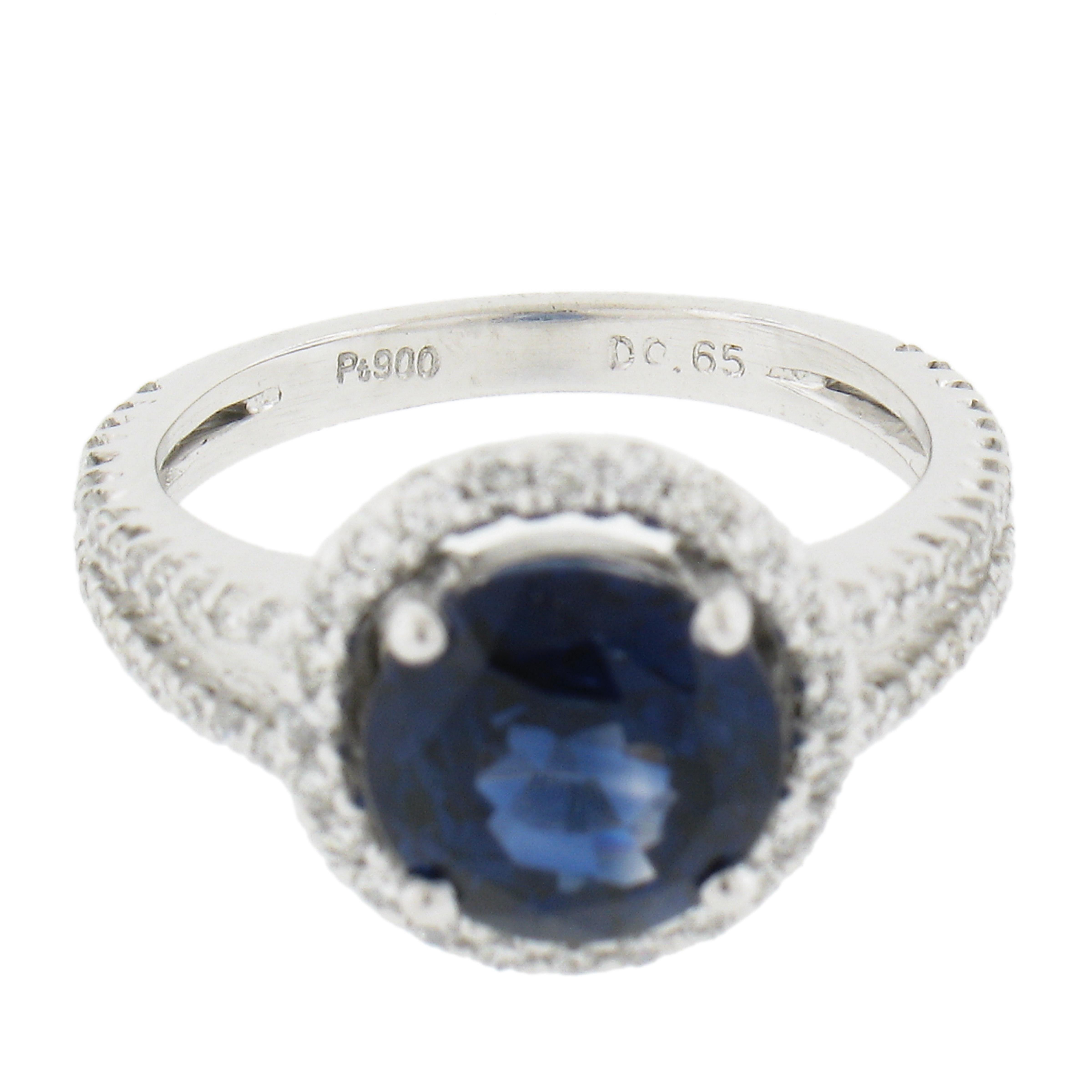 Platinum 4.26ctw Gia Round Royal Blue Sapphire W/ Diamond Halo Split Shank Ring For Sale 5