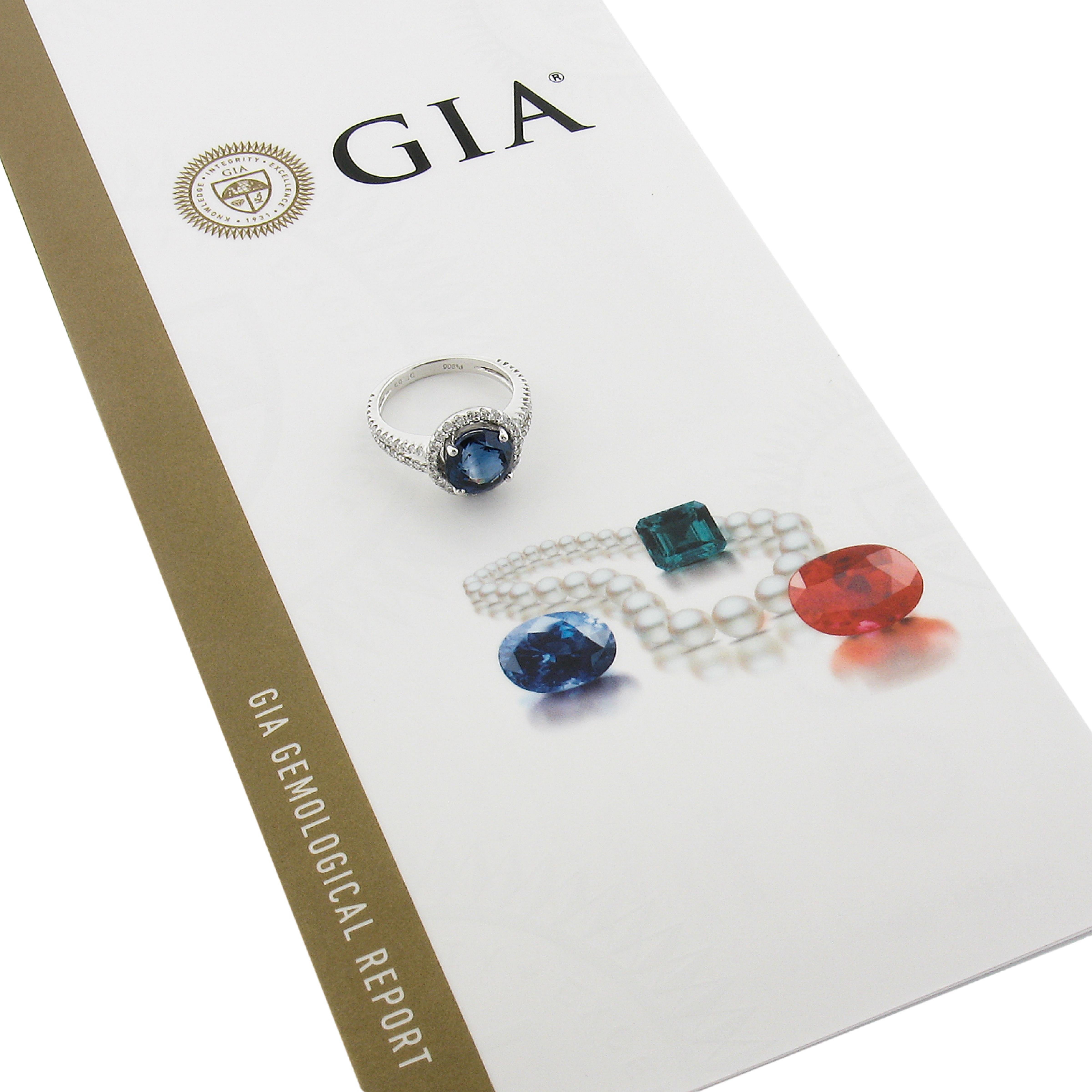 Platinum 4.26ctw Gia Round Royal Blue Sapphire W/ Diamond Halo Split Shank Ring For Sale 6