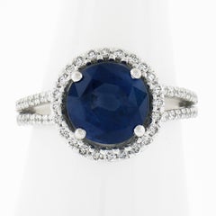 Platinum 4.26ctw Gia Round Royal Blue Sapphire W/ Diamond Halo Split Shank Ring