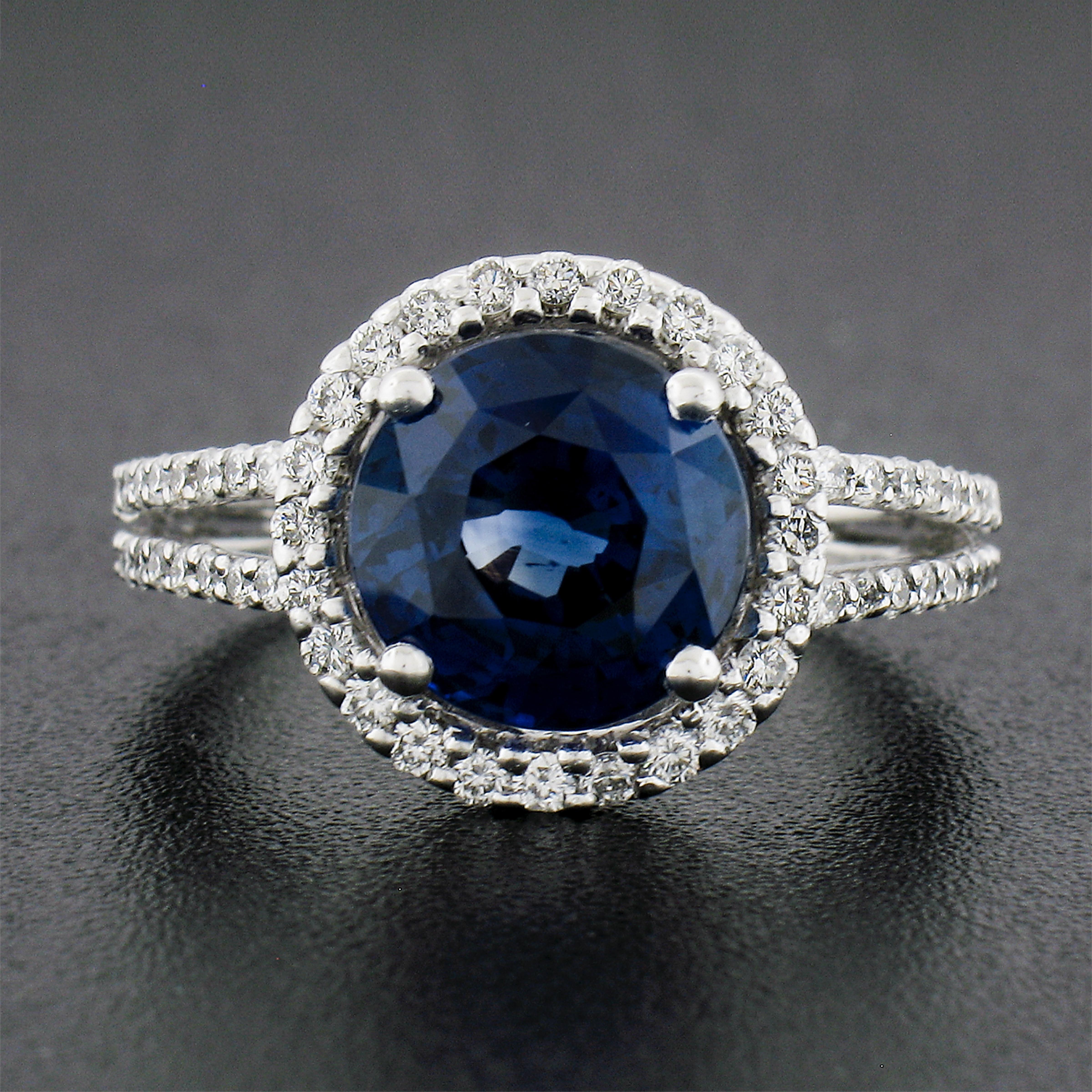 Round Cut Platinum 4.26ctw Gia Round Royal Blue Sapphire W/ Diamond Halo Split Shank Ring For Sale